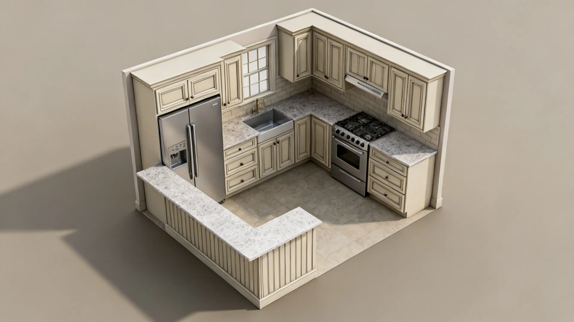 Top-down view of a compact L-shaped classical kitchen plan with paneled fridge and clear work triangle.