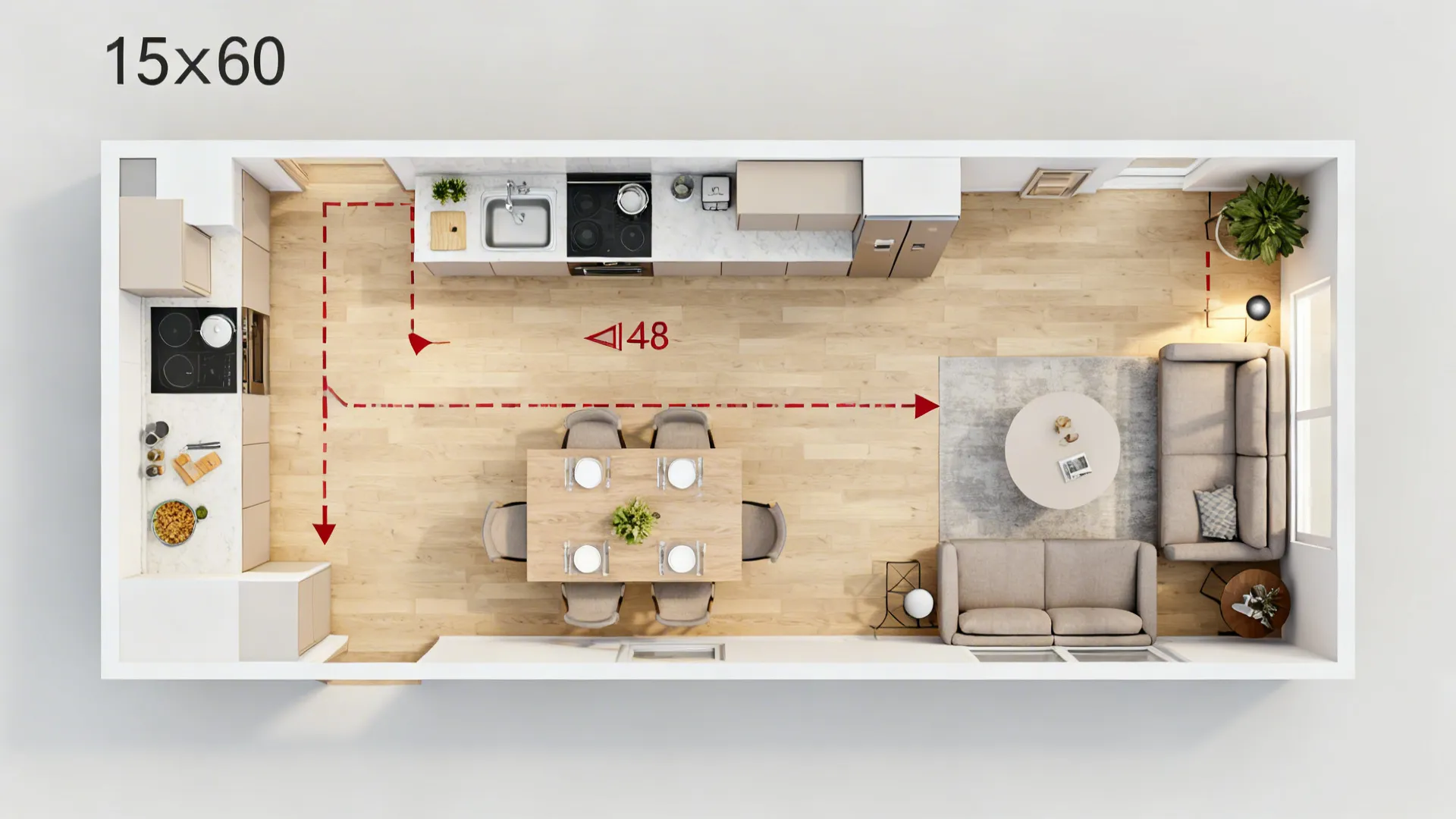 Top-down view of L-shaped kitchen layout with clear work triangle and 36–48 inch aisle.