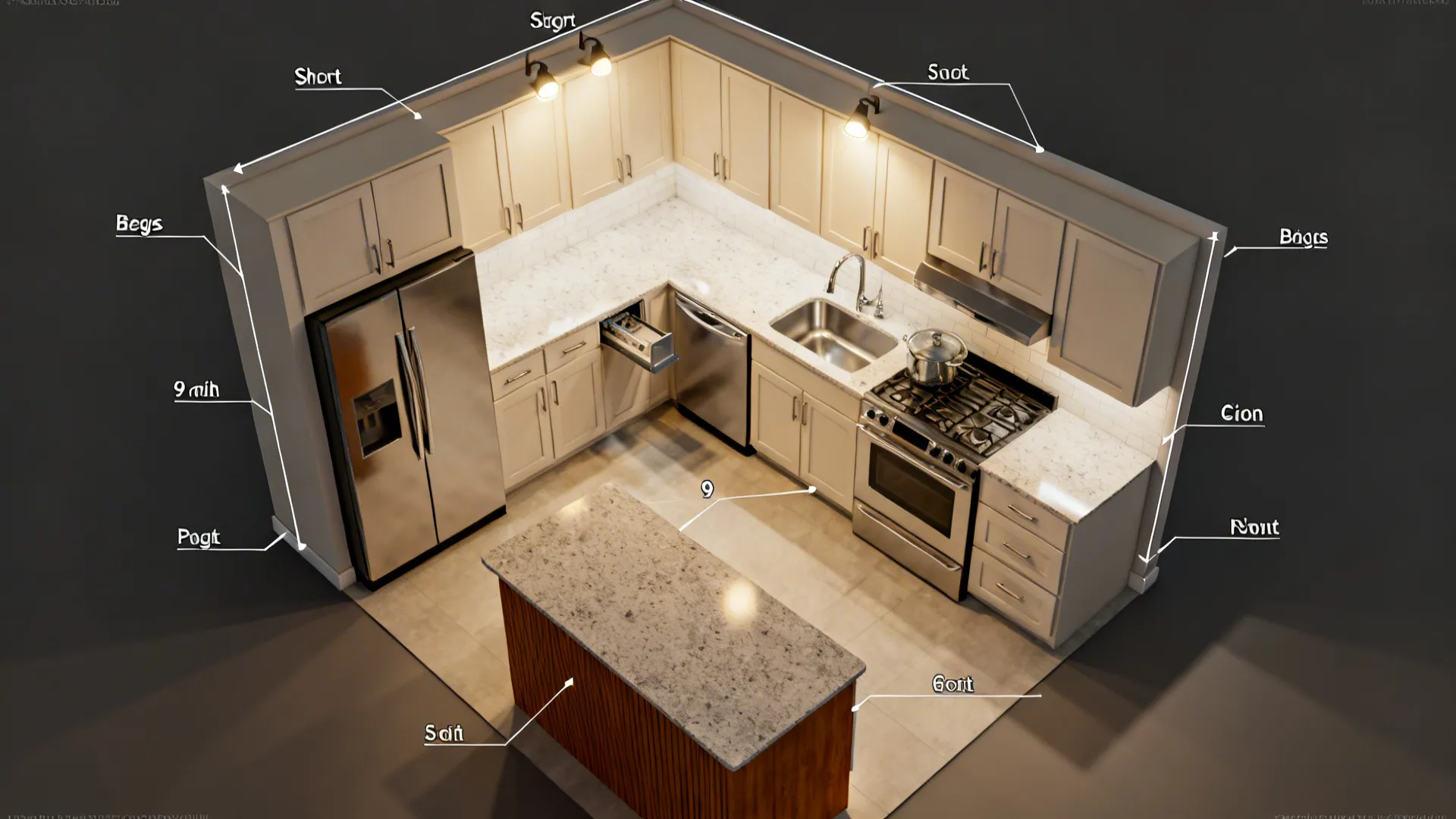 Top-down view of an efficient L-shaped small kitchen with optimized work triangle.