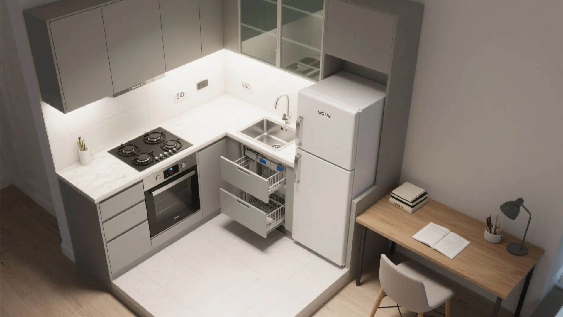 L-shaped layout to free more counter space