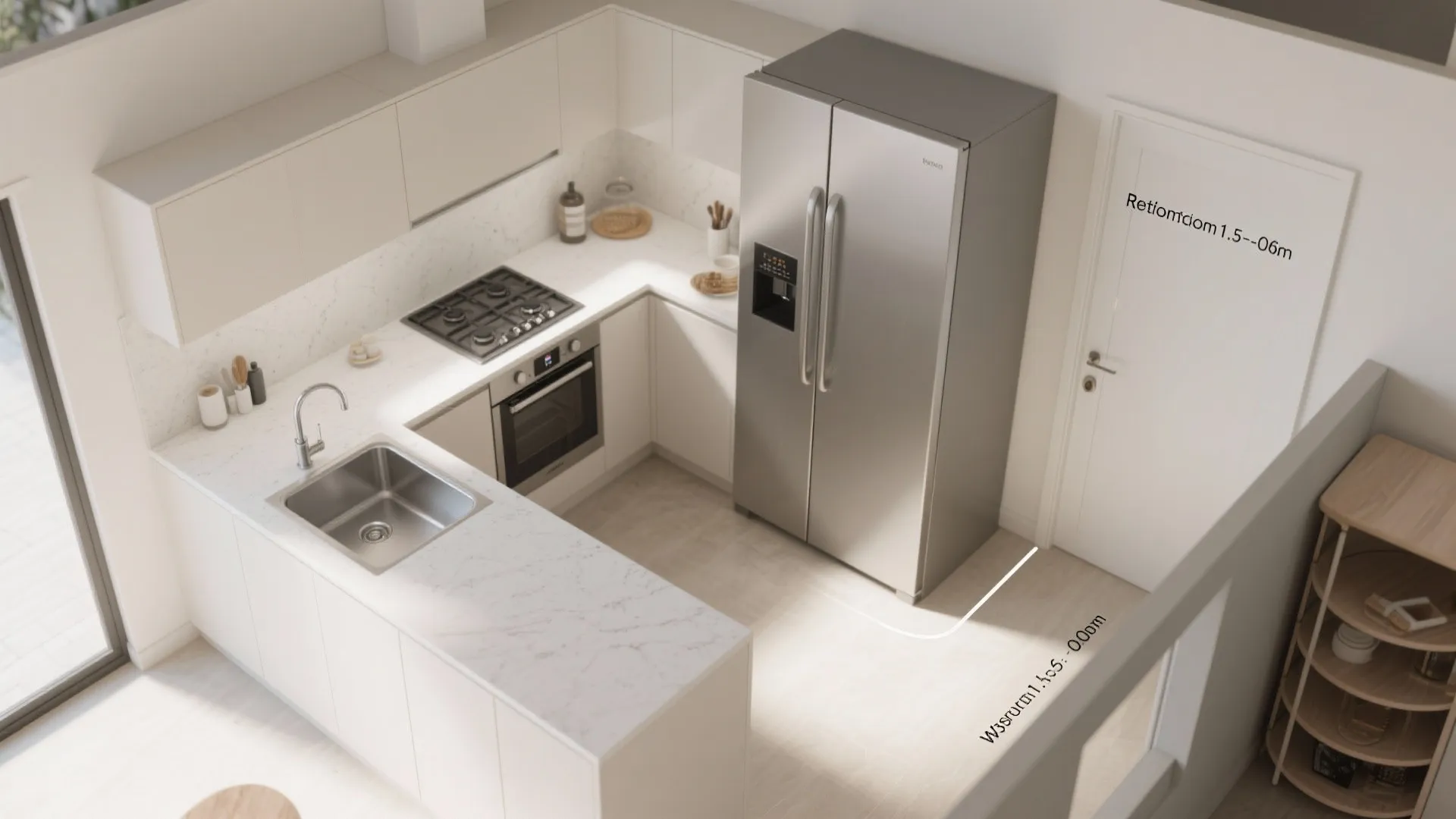 Compact L-Shaped Layout with Tall Pantry