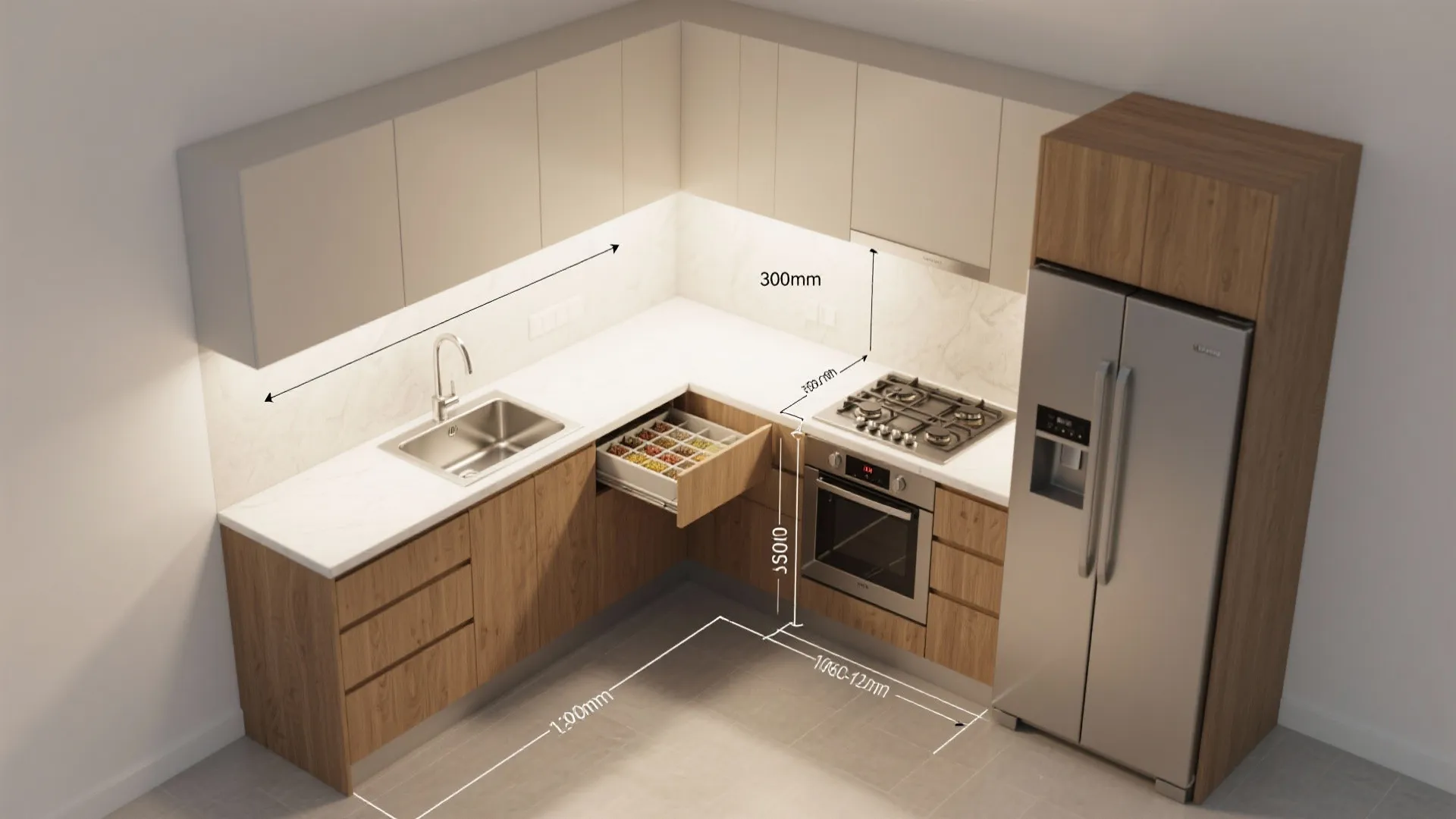 L-shaped kitchen layout with white countertop wooden cabinets silver fridge oven and measurement dimension lines
