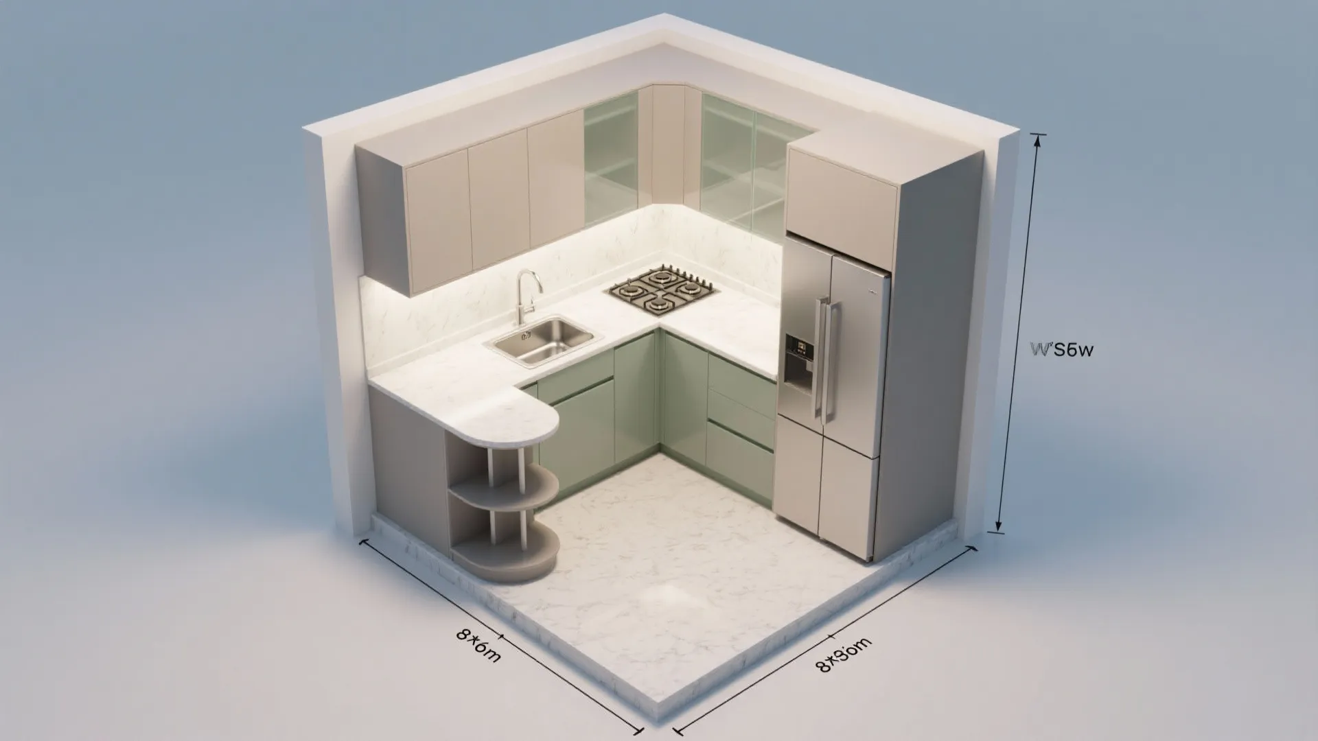 Small L shaped kitchen 3D layout with green cabinets white countertop and silver fridge appliance