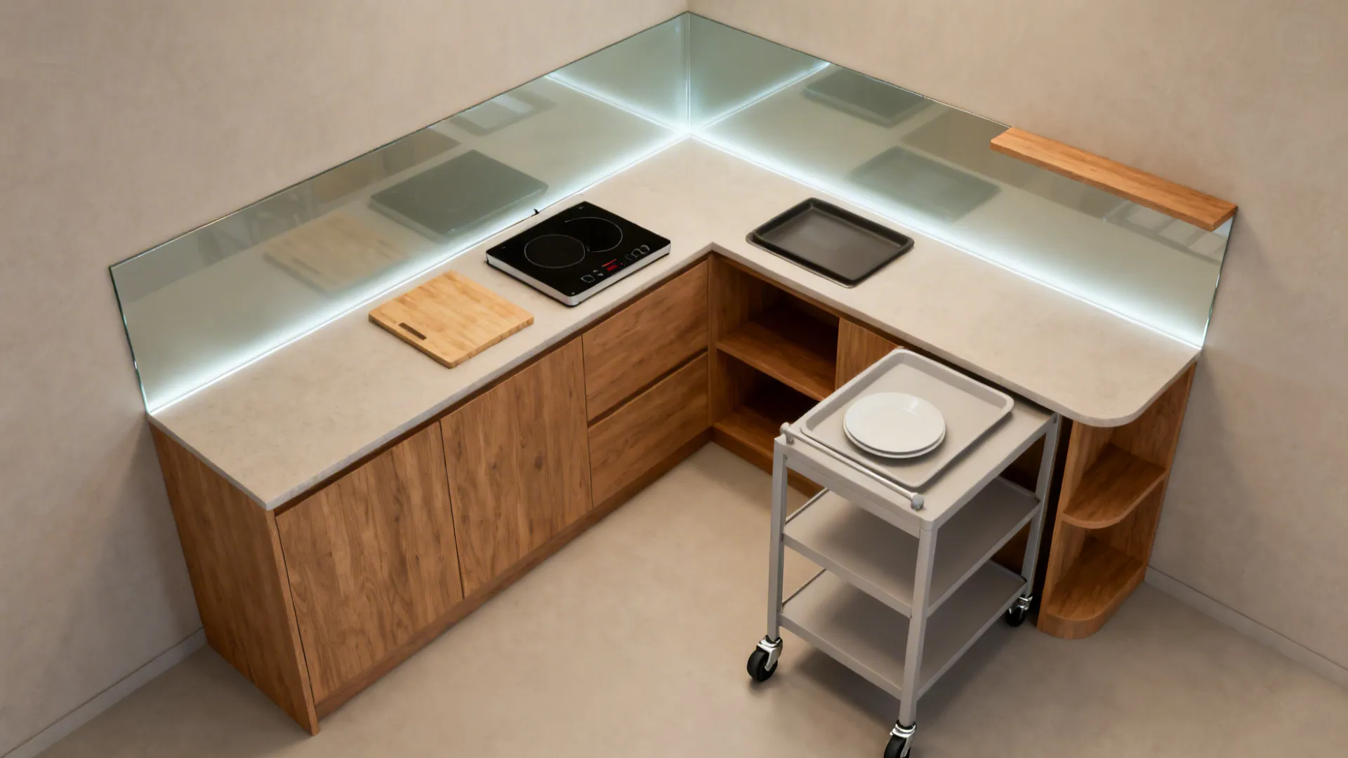 Top view of an L-shaped kitchen layout with wood cabinets and a grey rolling utility cart