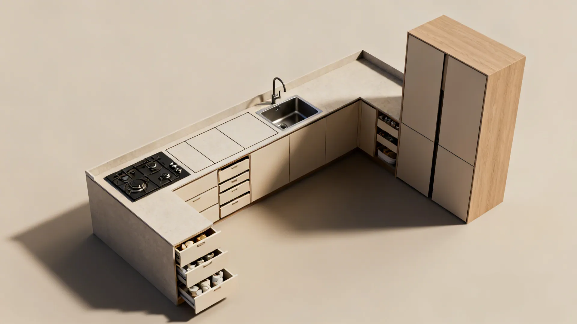 Top-down view of an L-shaped modular kitchen showing zones and modules.