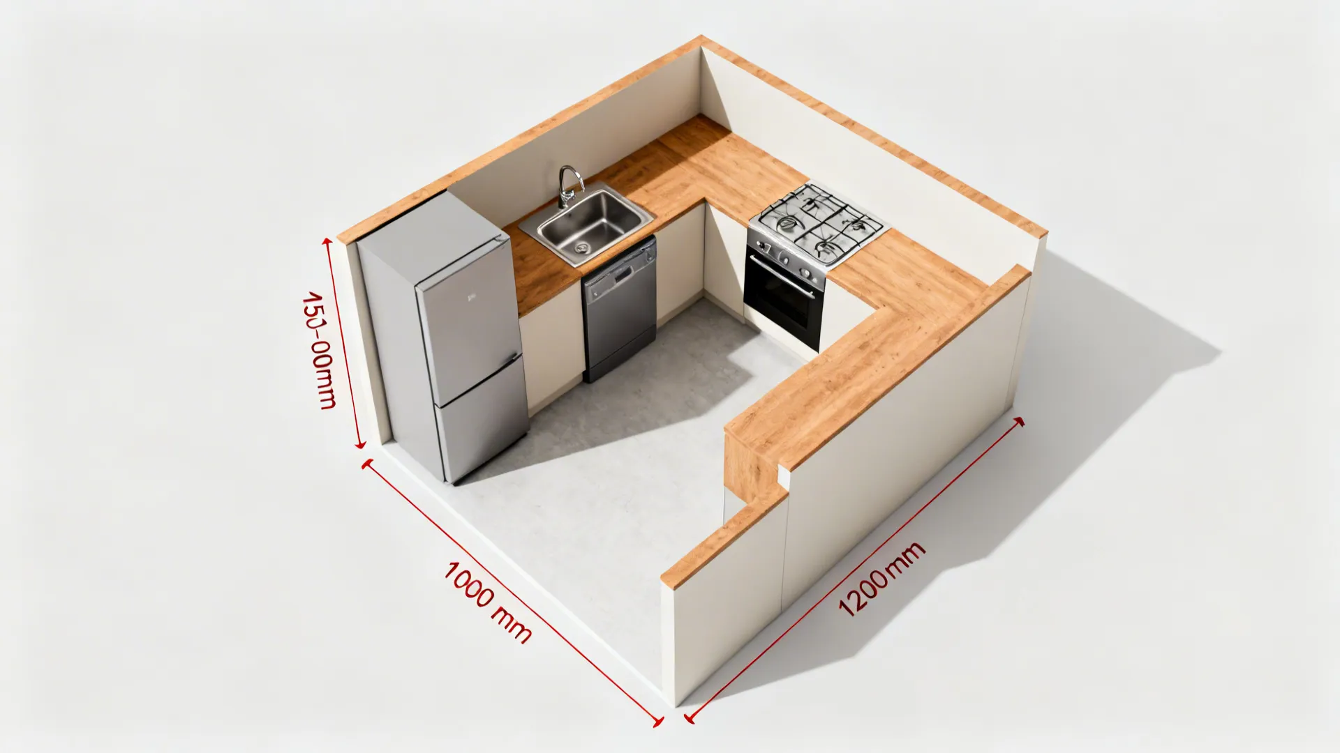 Top-down view of an L-shaped small kitchen highlighting counter depths and aisle clearances.