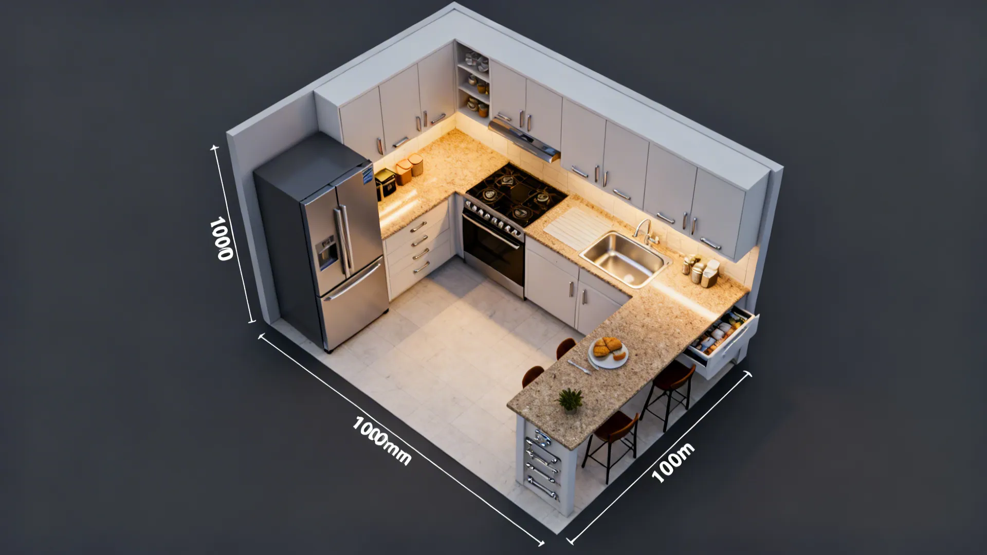 Top-down render of a compact L-shaped kitchen plan highlighting clear aisle space and corner pull-out.