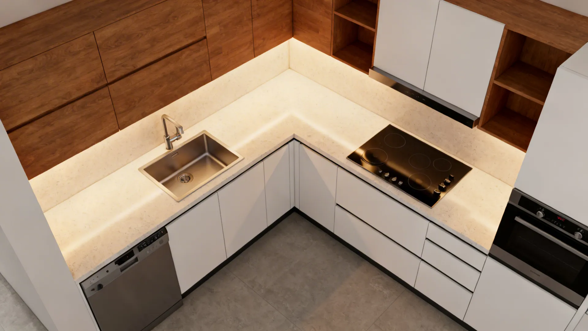 Top-down view of a compact L-shaped kitchen with clear prep zone and optimized appliance layout.