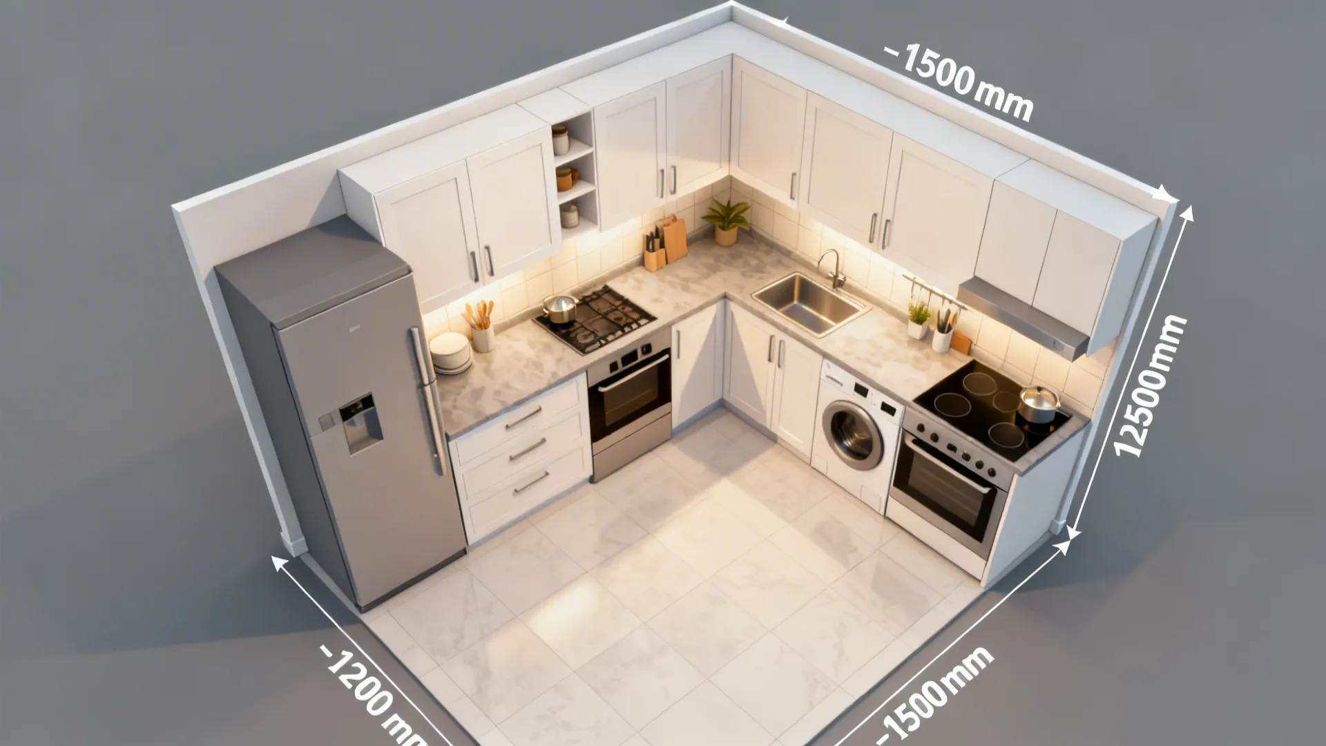 Top-down view of a compact L-shaped kitchen with clearances and swing arcs.