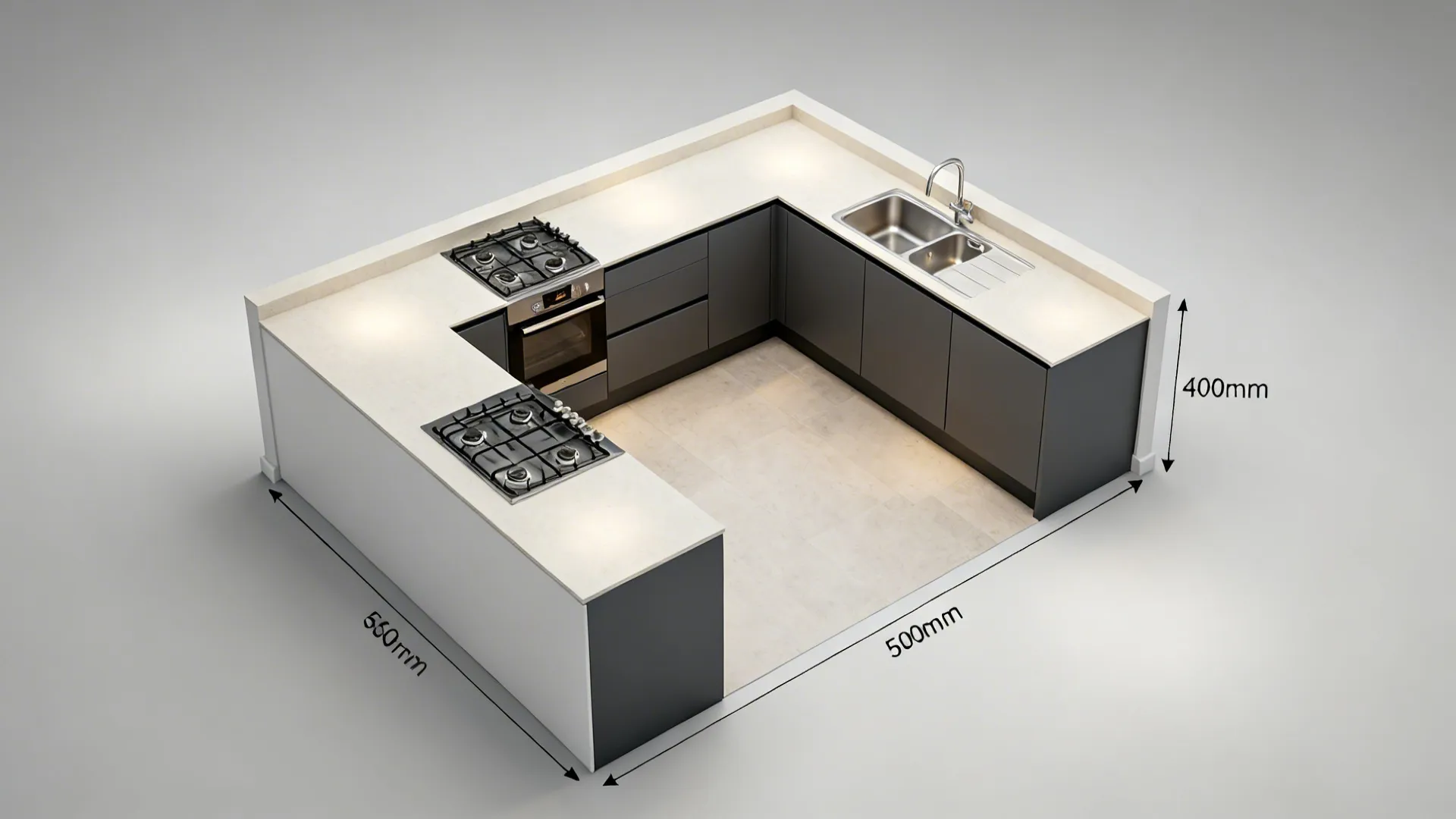 Top-down visual of an L-shaped small kitchen plan showing zones and aisle clearances.