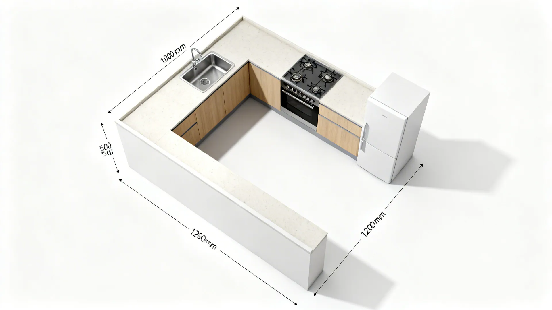 Top-down view of an L-shaped kitchen layout with clear sink, cooktop, and prep zones.
