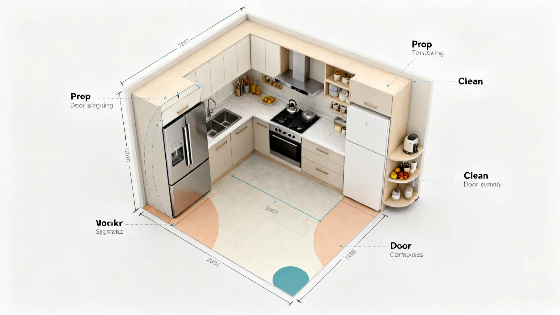 Top view interior design drawing of an l shaped kitchen layout with stove and fridge