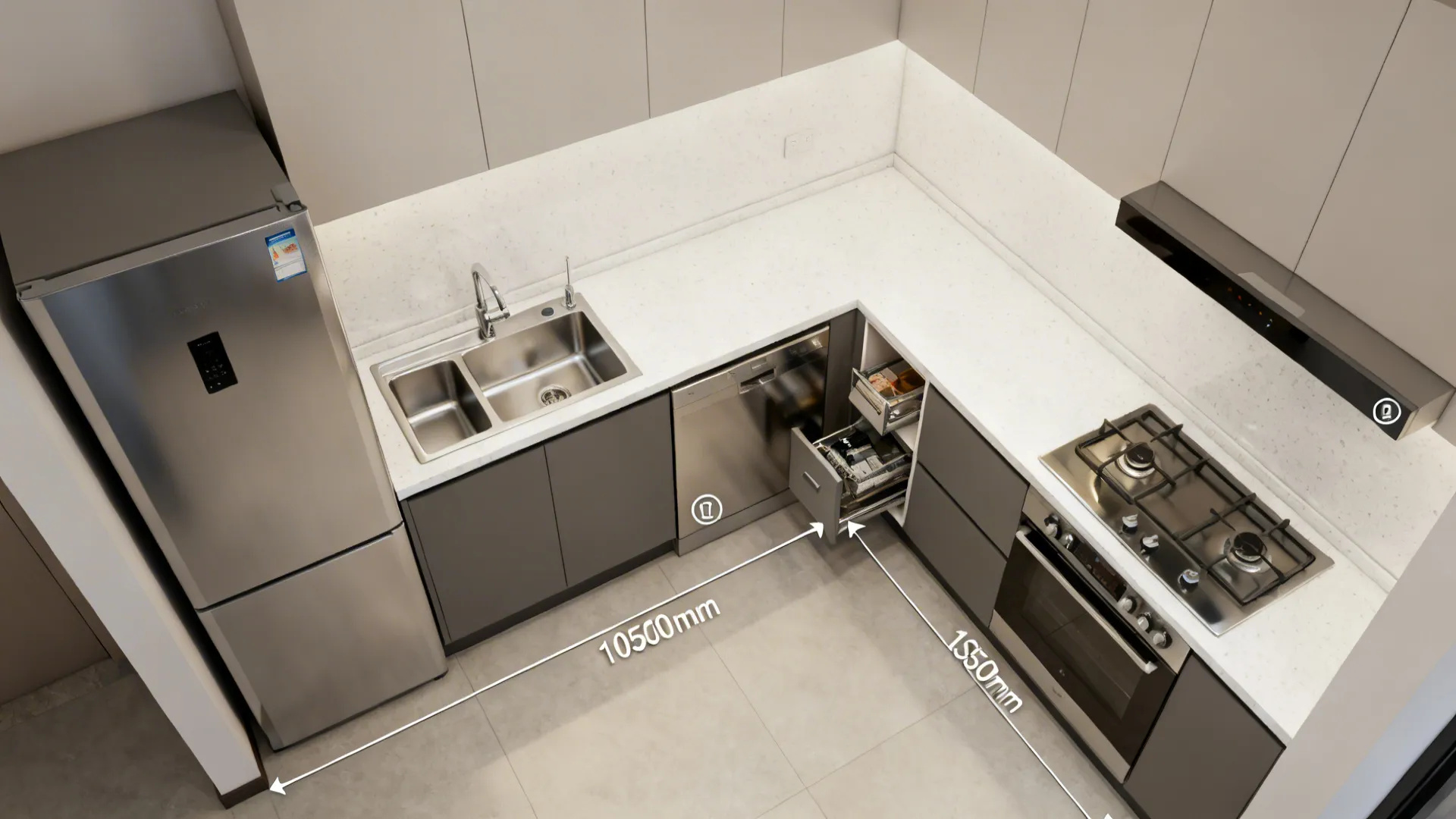 Top-down view of an L-shaped kitchen with defined prep, cook, and fridge zones.