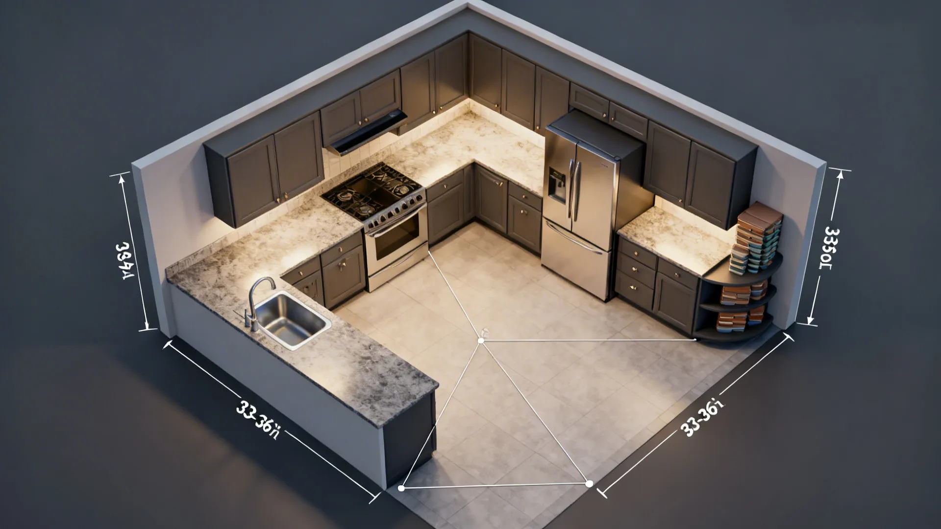 Top-down view of an 8x8 L-shaped kitchen showing sink, hob, and fridge work triangle with clear landings.