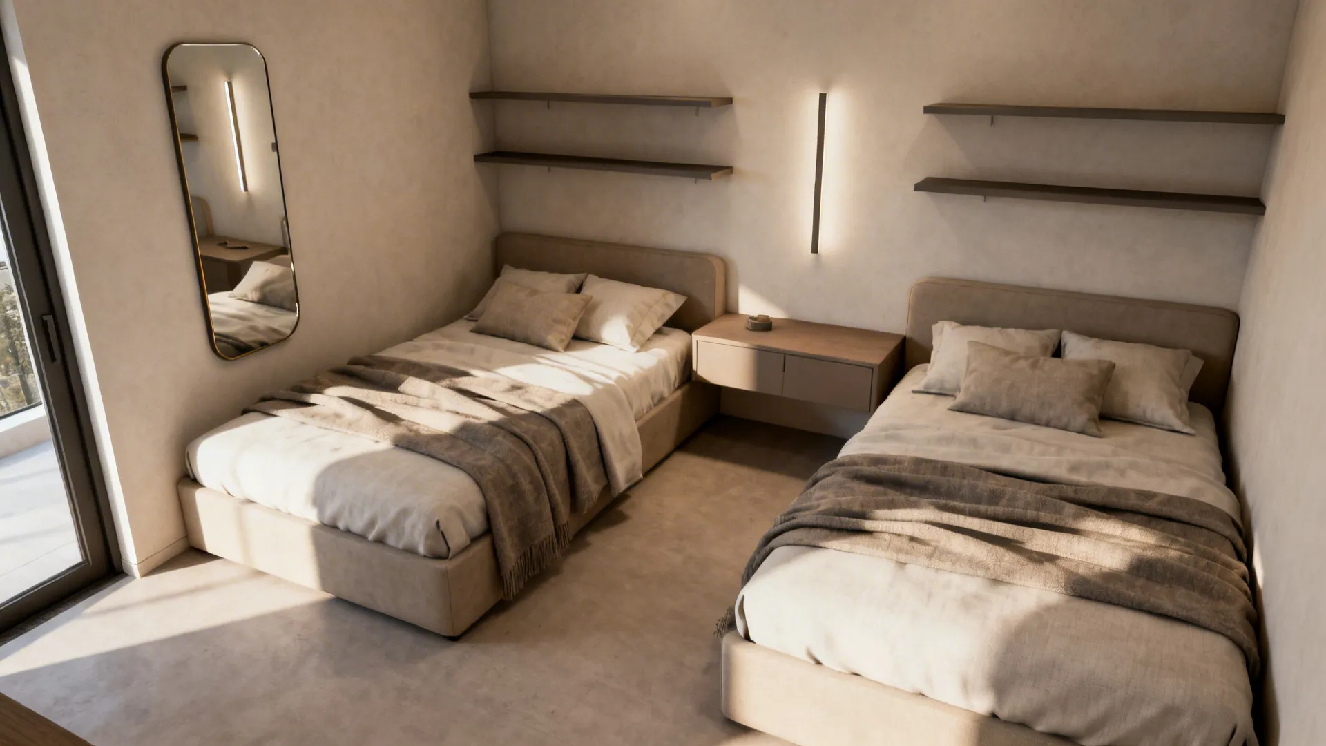 Small bedroom with two single beds in an L-shaped corner layout and shared nightstand