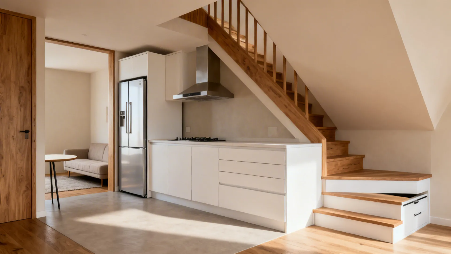 3) L-shaped compact kitchen tucked under or beside the stairs