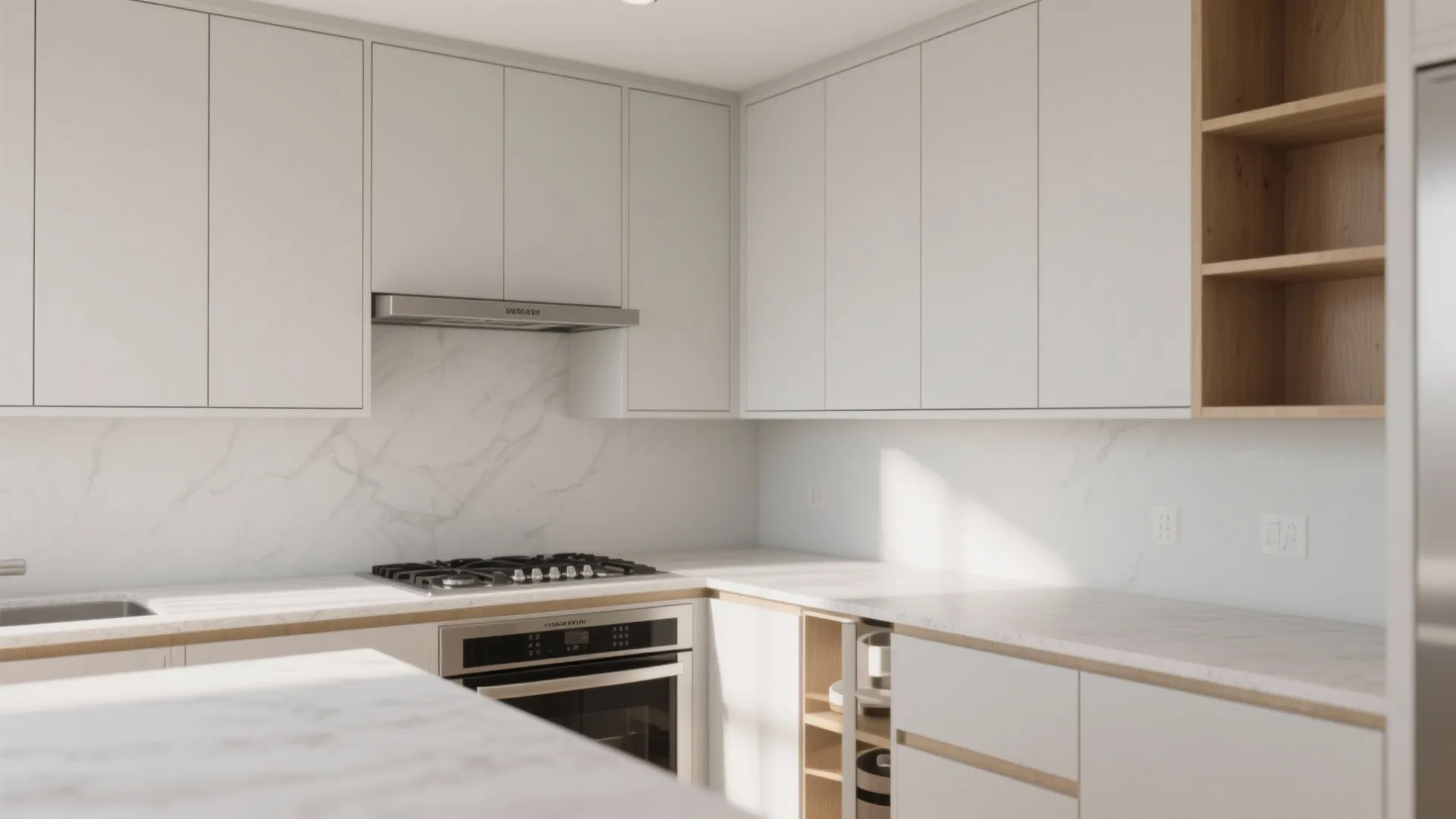 Minimalist white kitchen with marble countertops wooden shelf details and a stainless steel gas stove