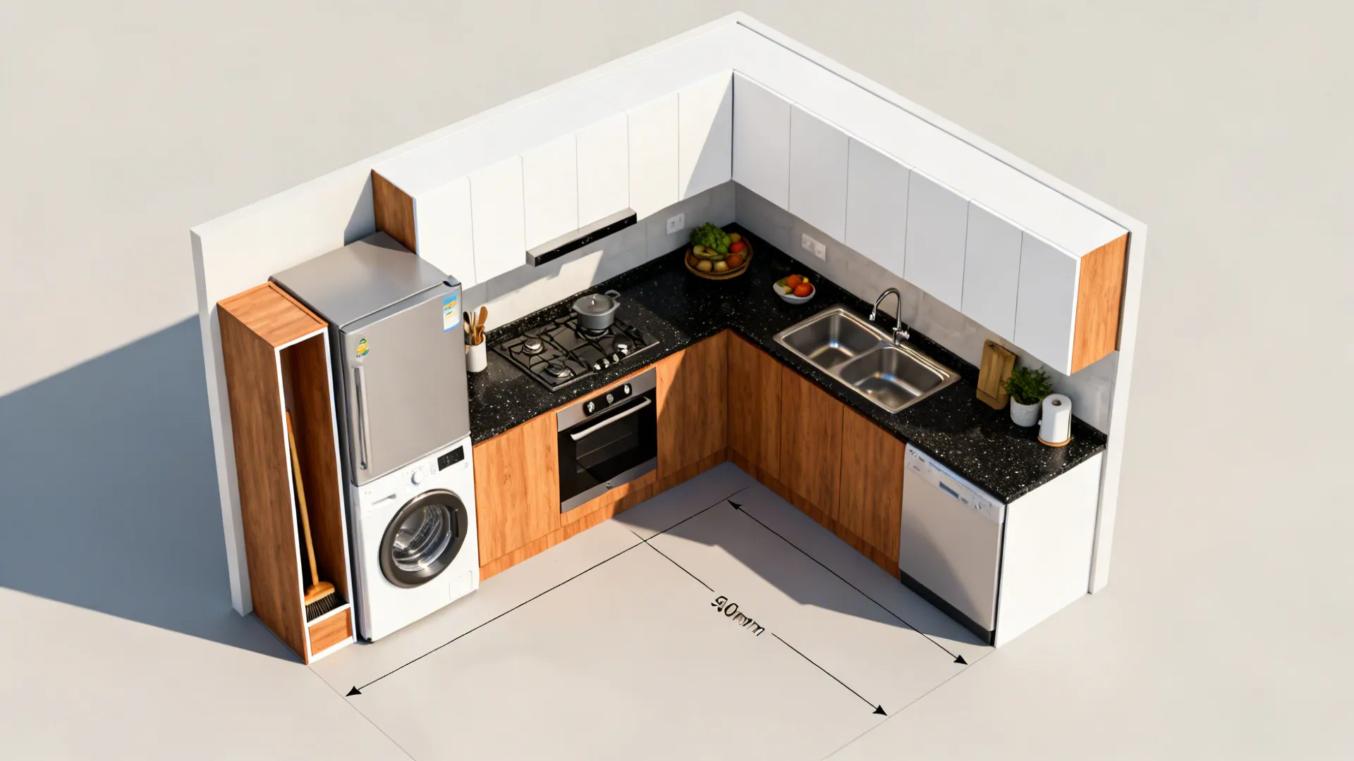 Top-down view of an L-shaped kitchen with a stacked utility column and clear workflow.