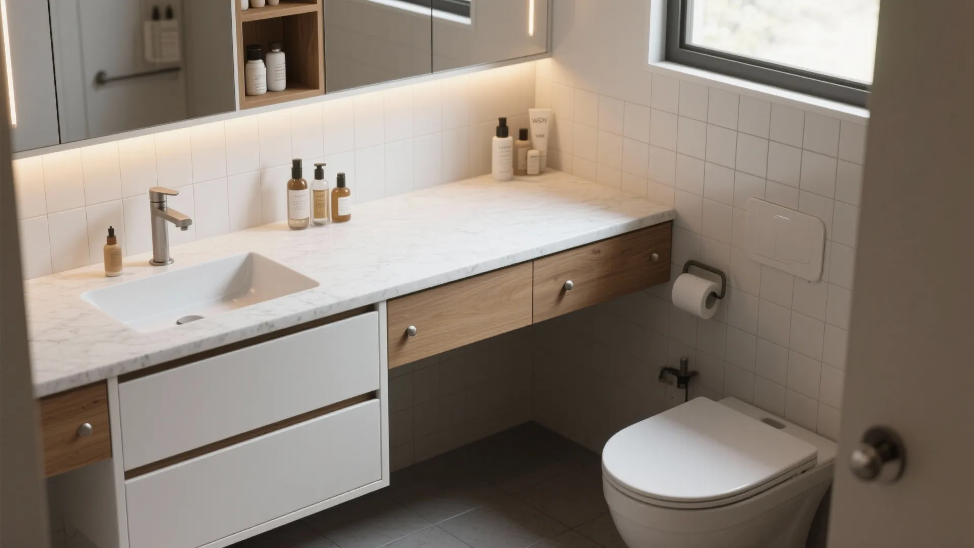 Bathroom interior with white marble sink counter wooden cabinets white toilet and tiled wall design