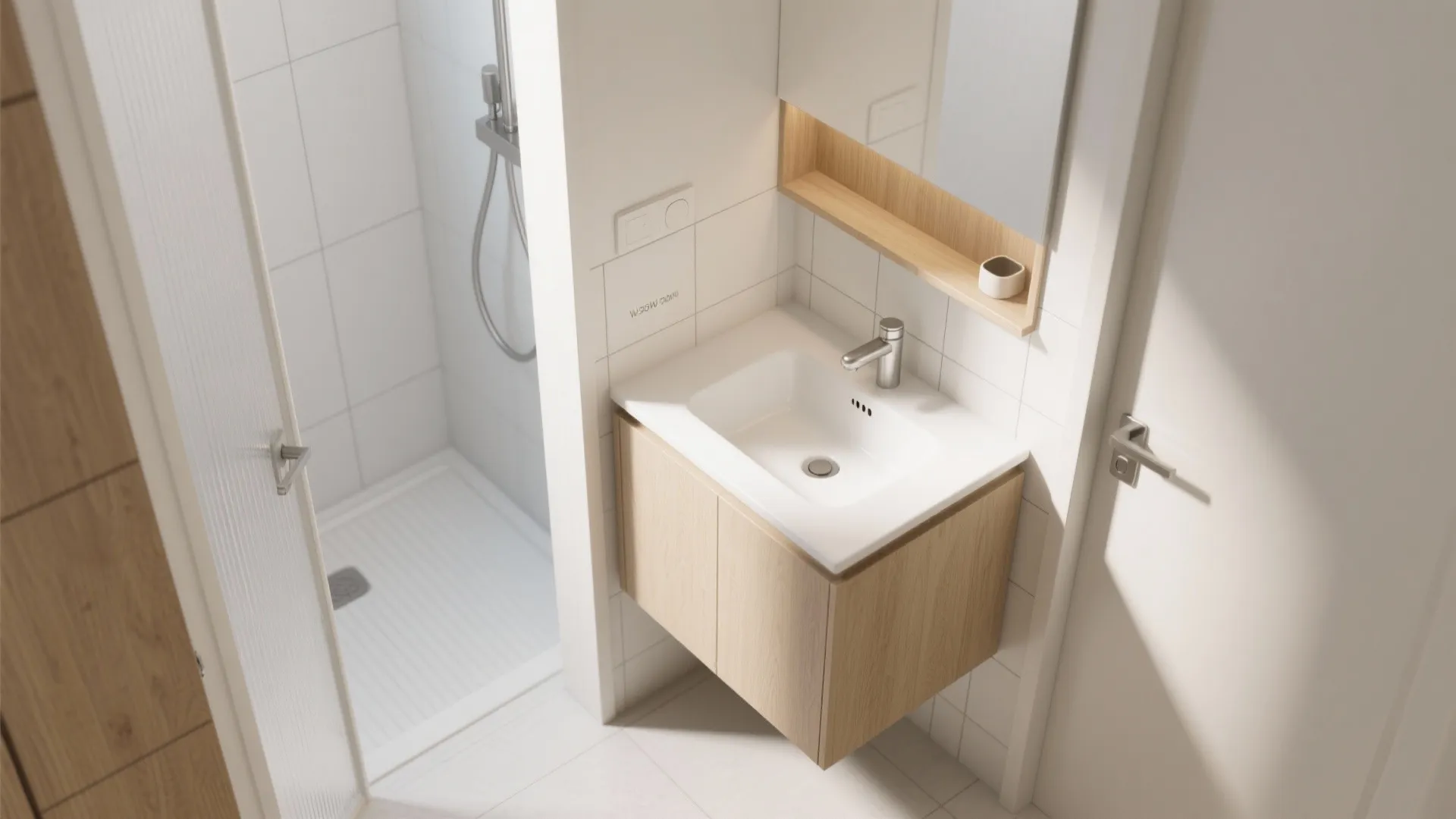 Top-down view of an L-shaped micro vanity with a small bathroom basin on the short leg, keeping circulation clear.