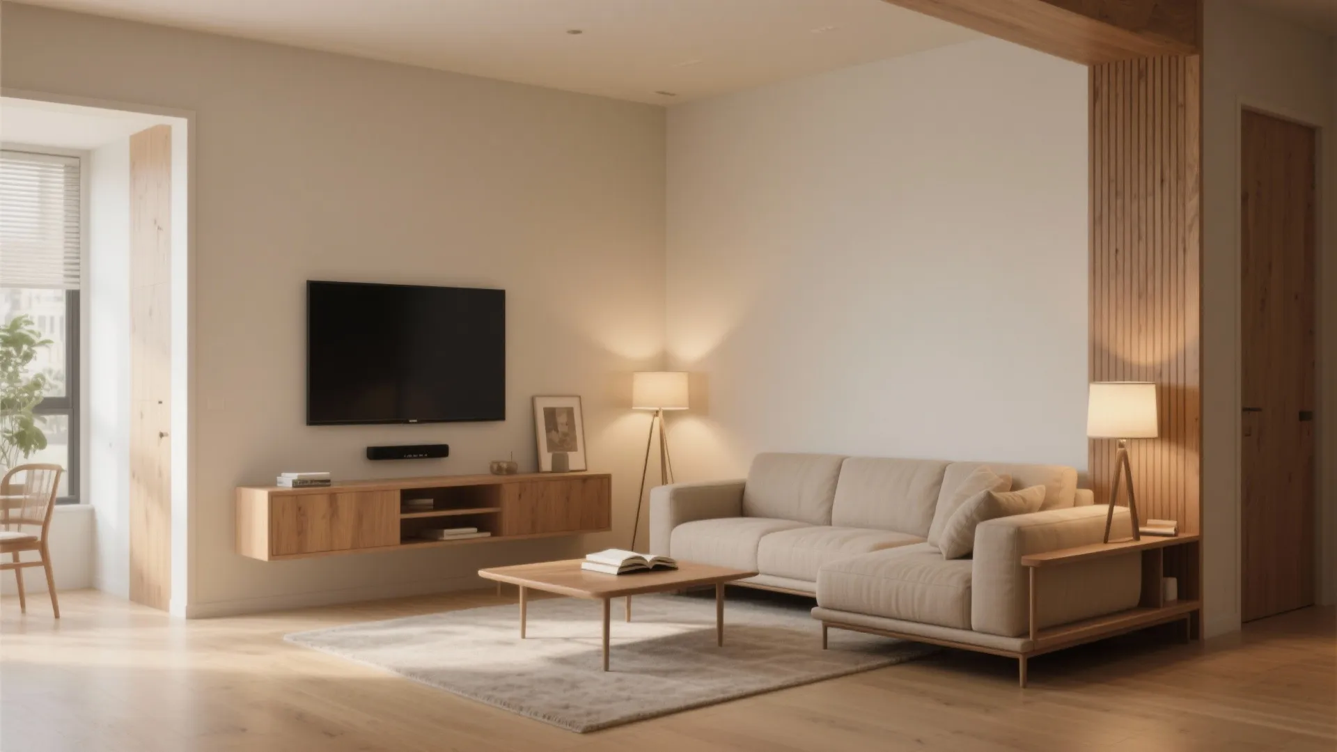 L-shaped seating to optimize viewing distance