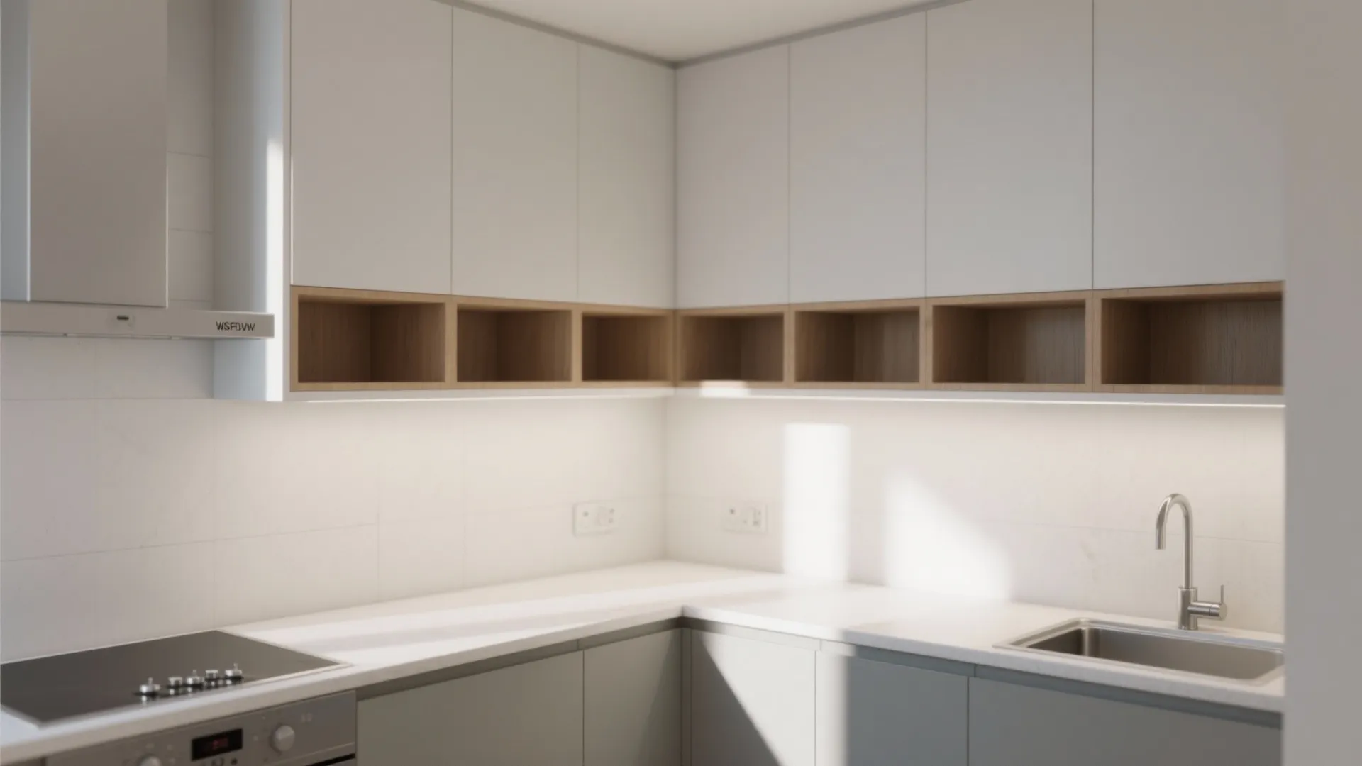 Modern kitchen with white upper cabinets wood open shelves grey lower cabinets and white tiled wall