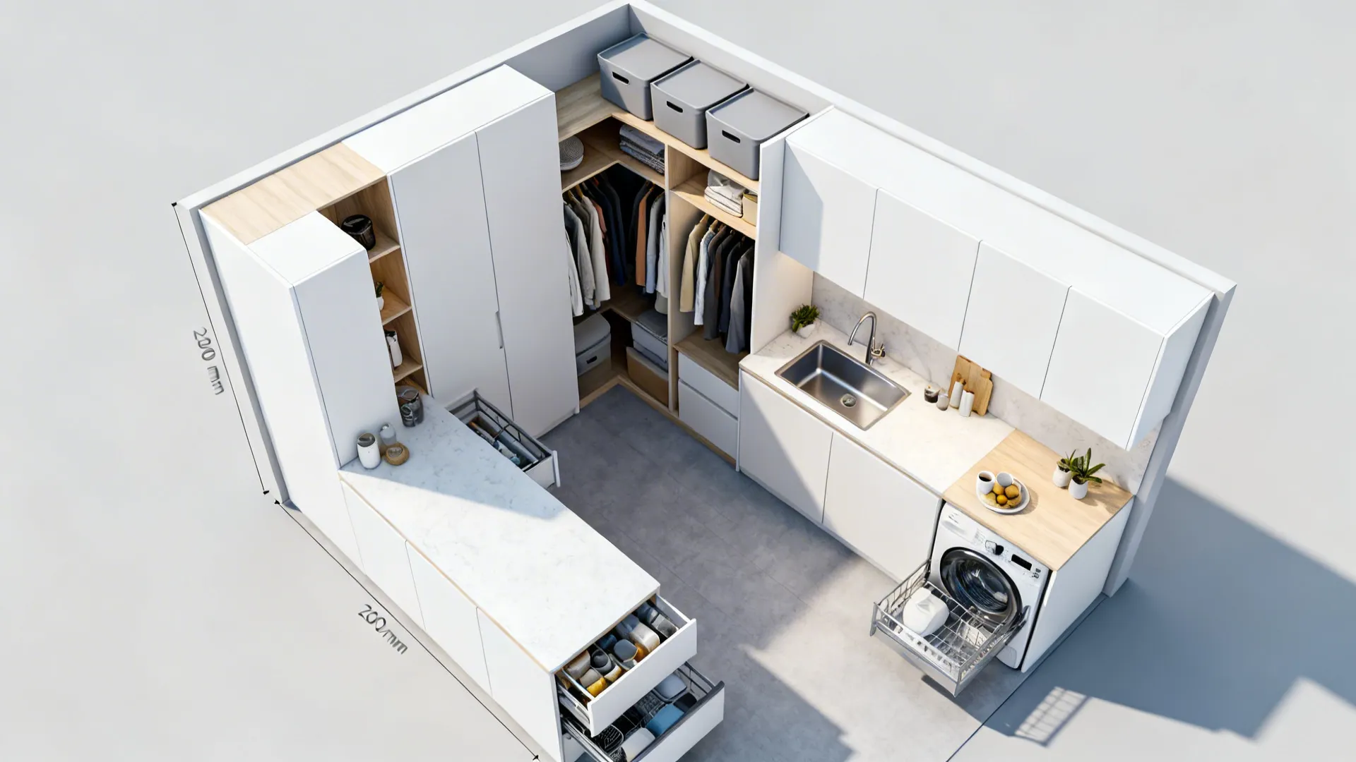 Top-down view of an L-shaped kitchen with adjacent zoned wardrobe and clear 1200 mm circulation.