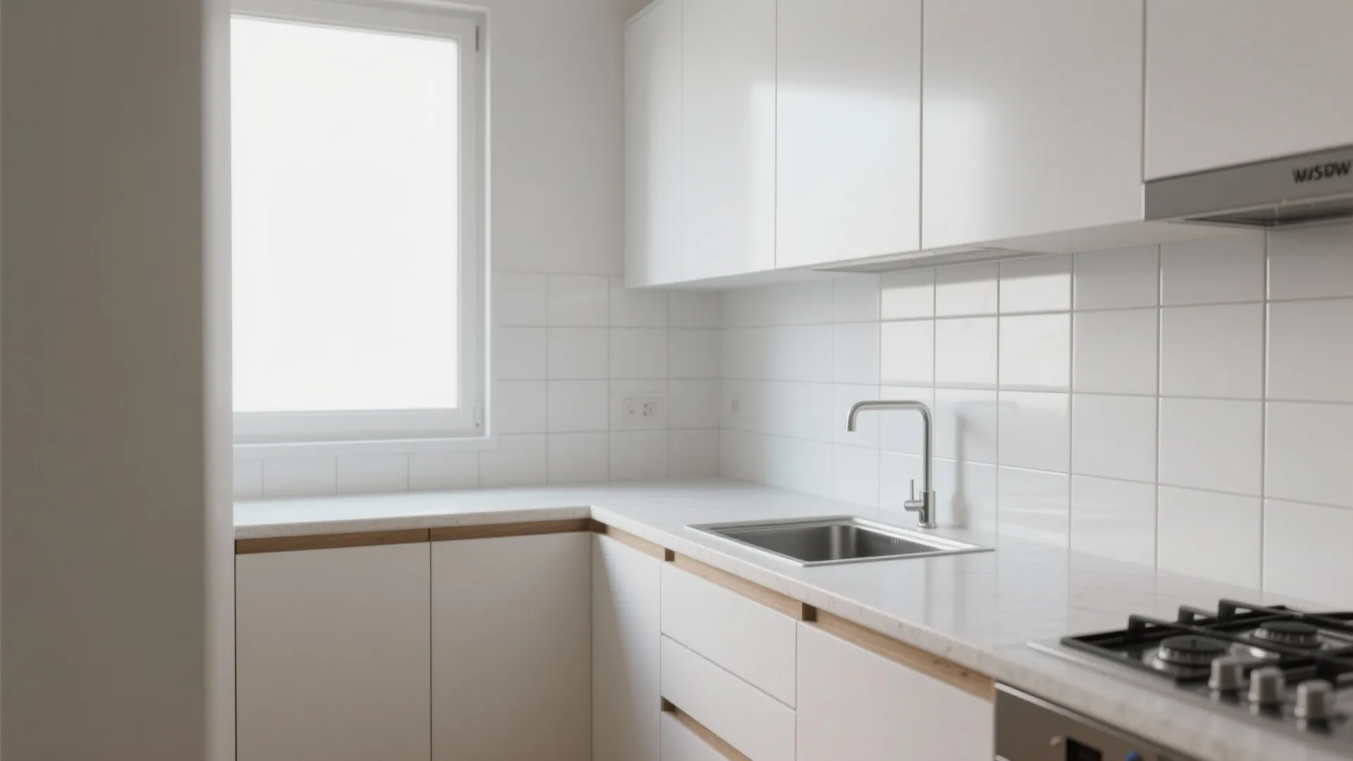 Bright L shaped kitchen with white cabinets square tile backsplash stainless steel sink and large windows