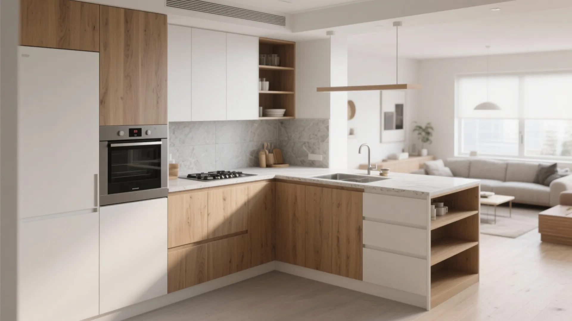 Studio kitchen with an L-shaped base and staggered-depth wall cabinets.