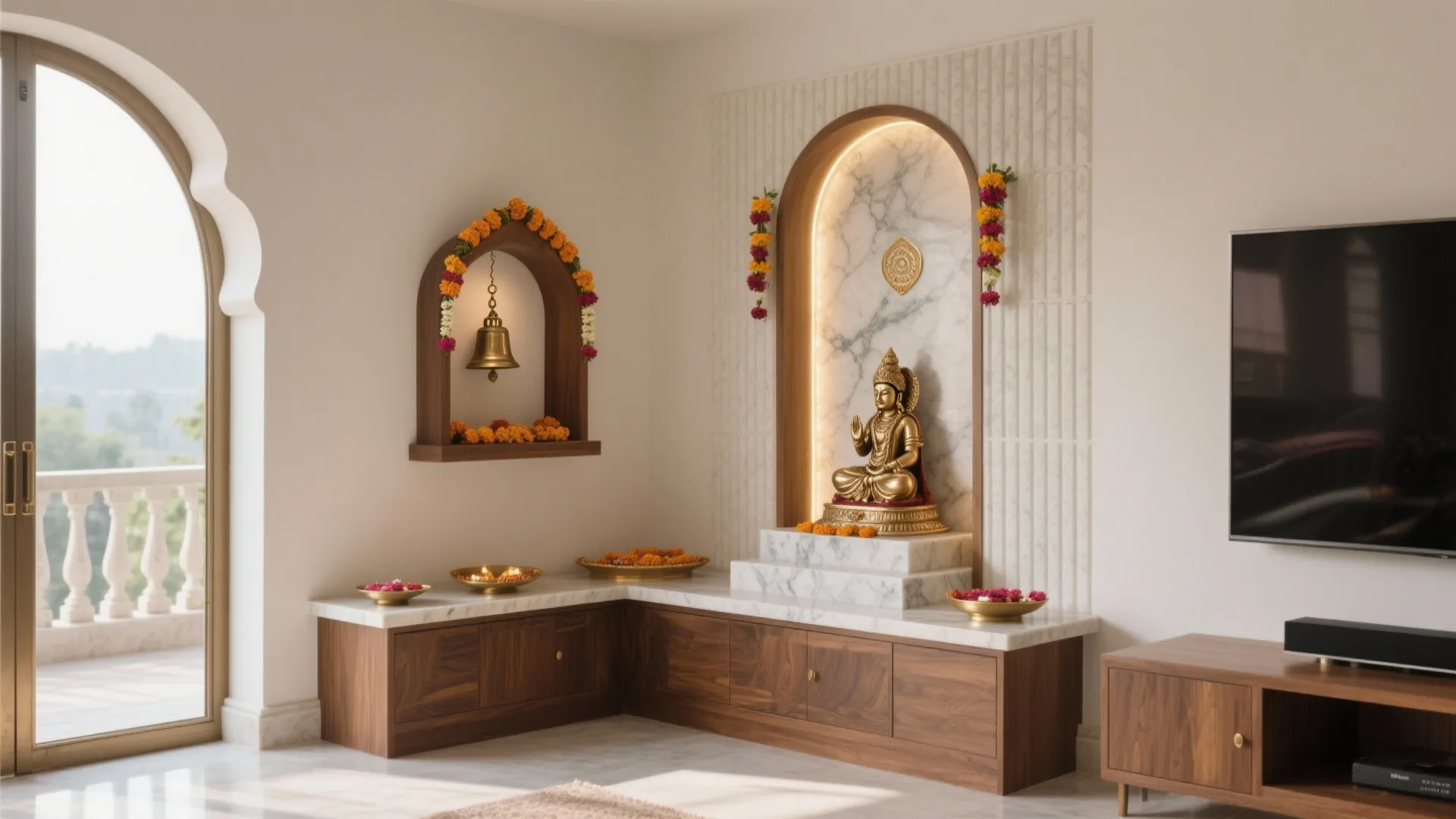 Modern home prayer room with gold statue marble wall wooden cabinet white floor and natural light