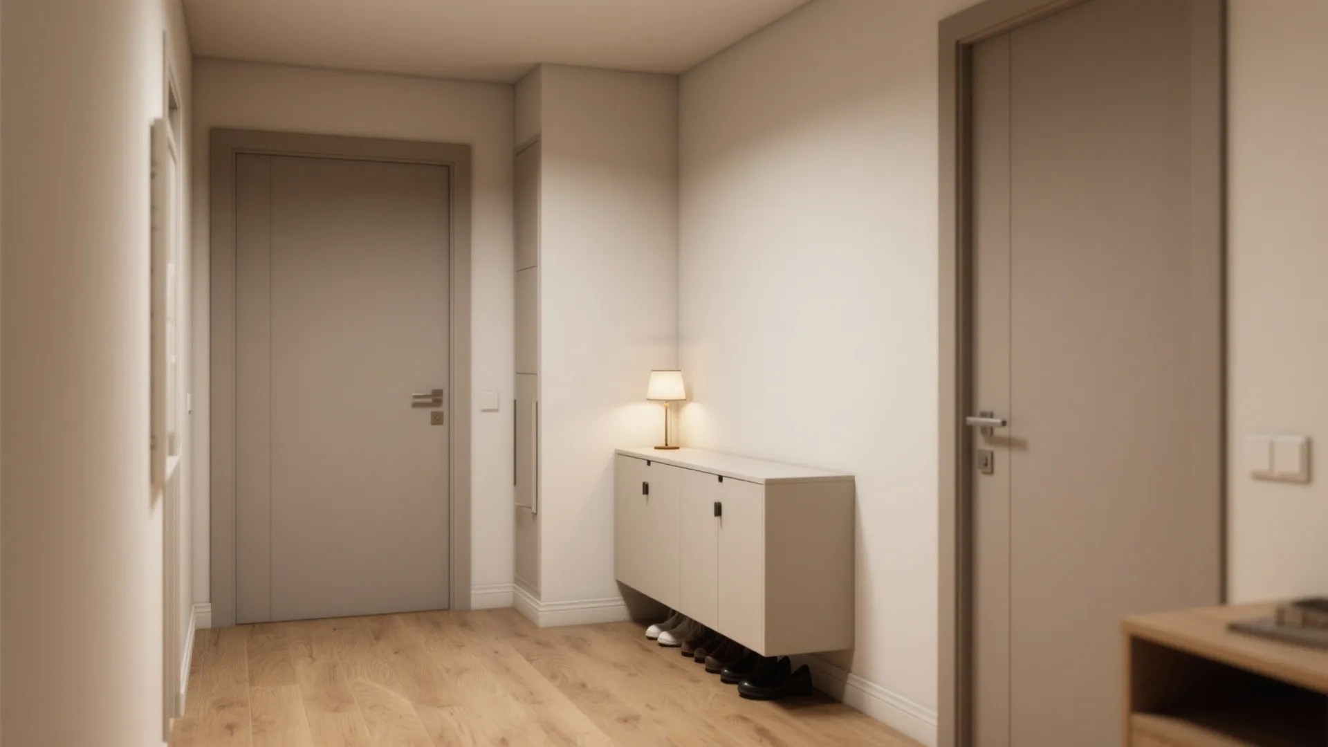 Small hallway corner with a slim console on one wall and a narrow shoe cabinet on the return.