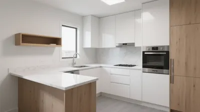 Modern White Kitchen with Wood Accent Island