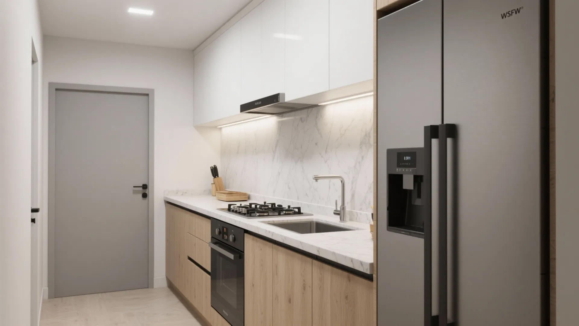 Small modern kitchen with wood cabinets white marble wall large grey fridge and grey entry door