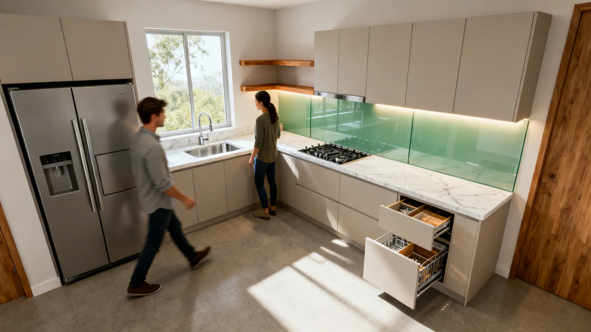 Modern kitchen with white counters grey cabinets open drawers stove fridge window and two people walking