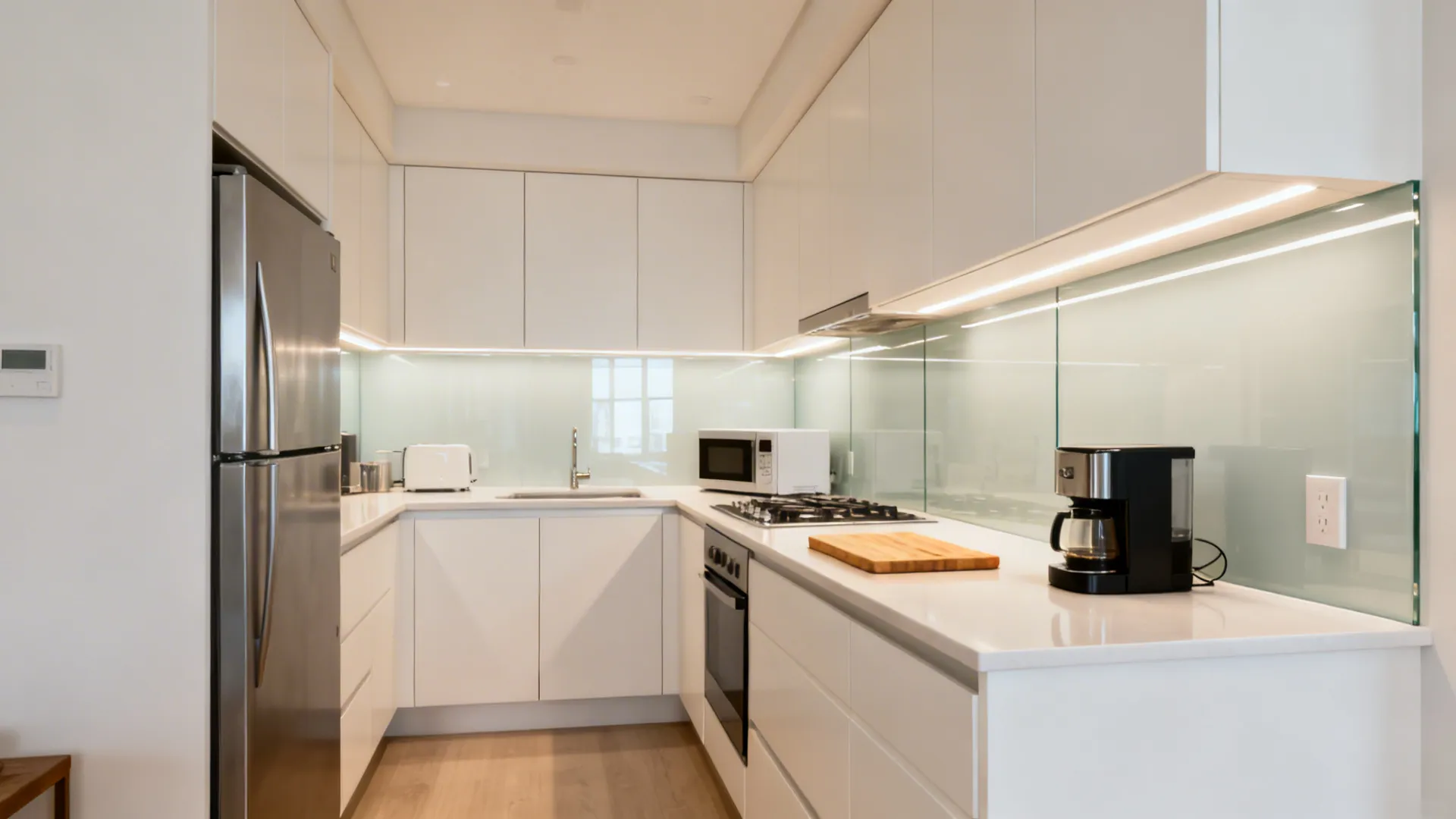 Compact condo kitchen with L-shaped layout and uninterrupted counter run.
