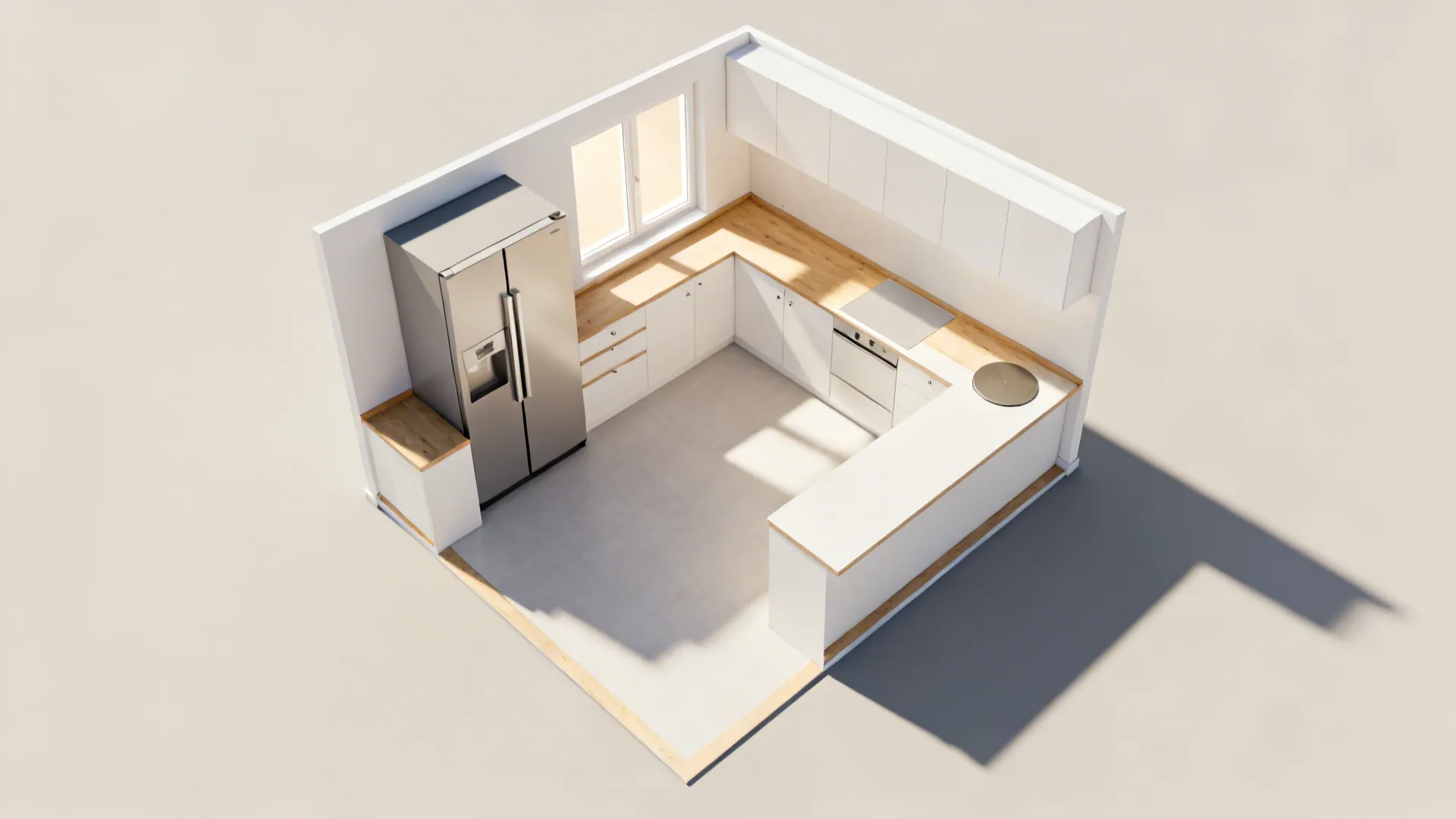 Top-down L-shaped kitchen plan clearing the window wall for low cabinets and open counter space.