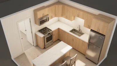 Modern L-Shaped Kitchen with Wood Cabinetry & Marble Countertops