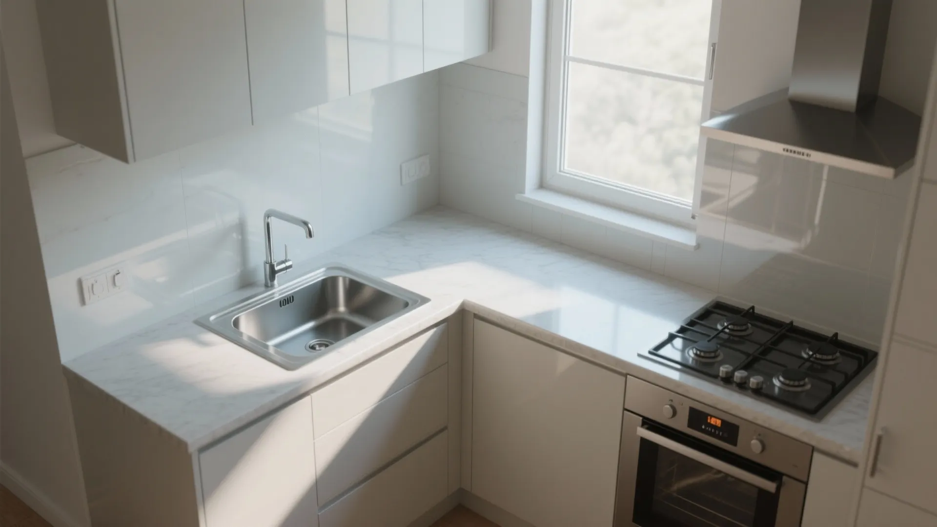 Modern white L-shaped kitchen interior design with marble countertop stainless sink stove and oven unit