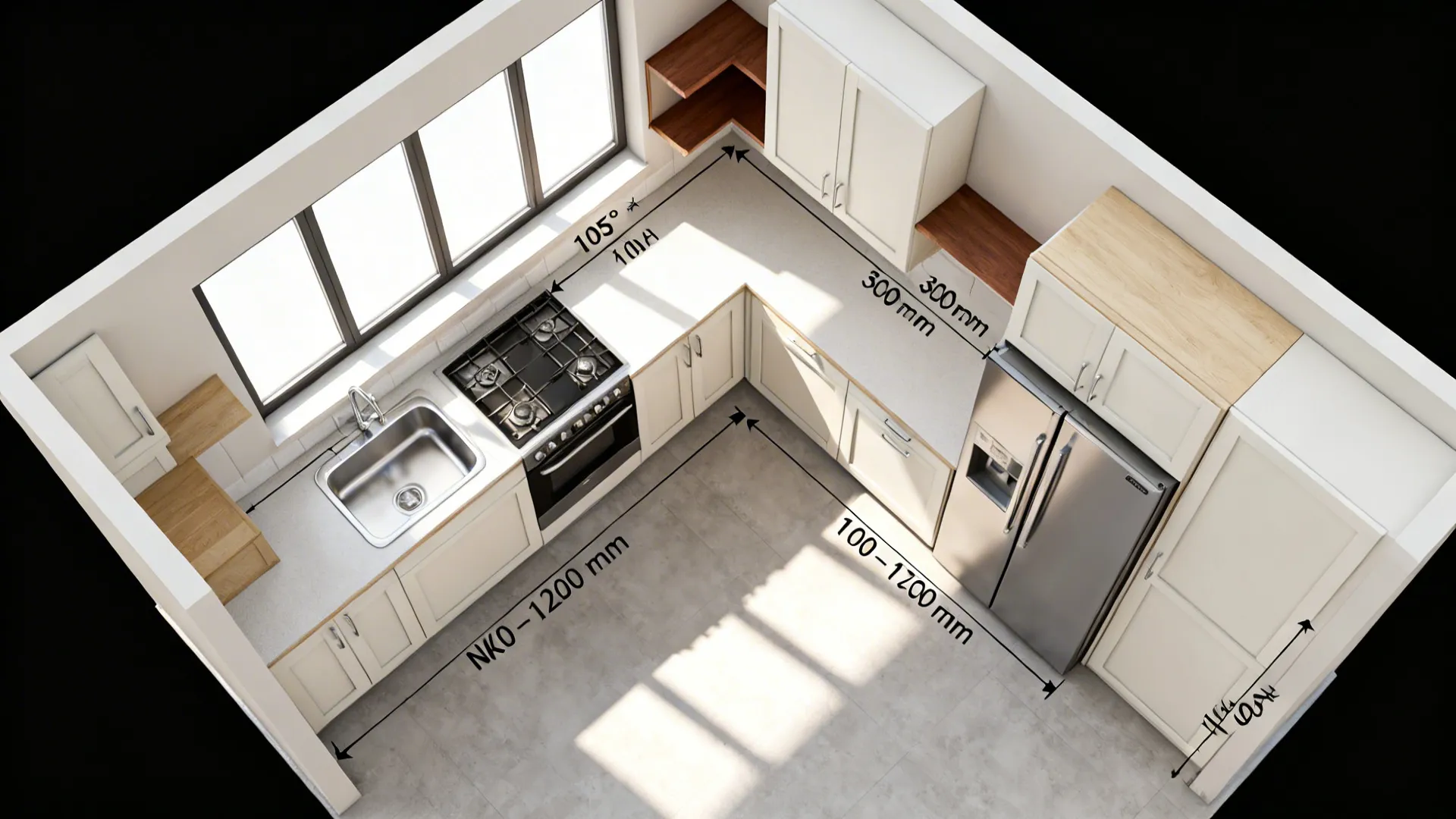 Top-down view of an L-shaped kitchen showing clear prep stretch, door swings, and aisle widths.