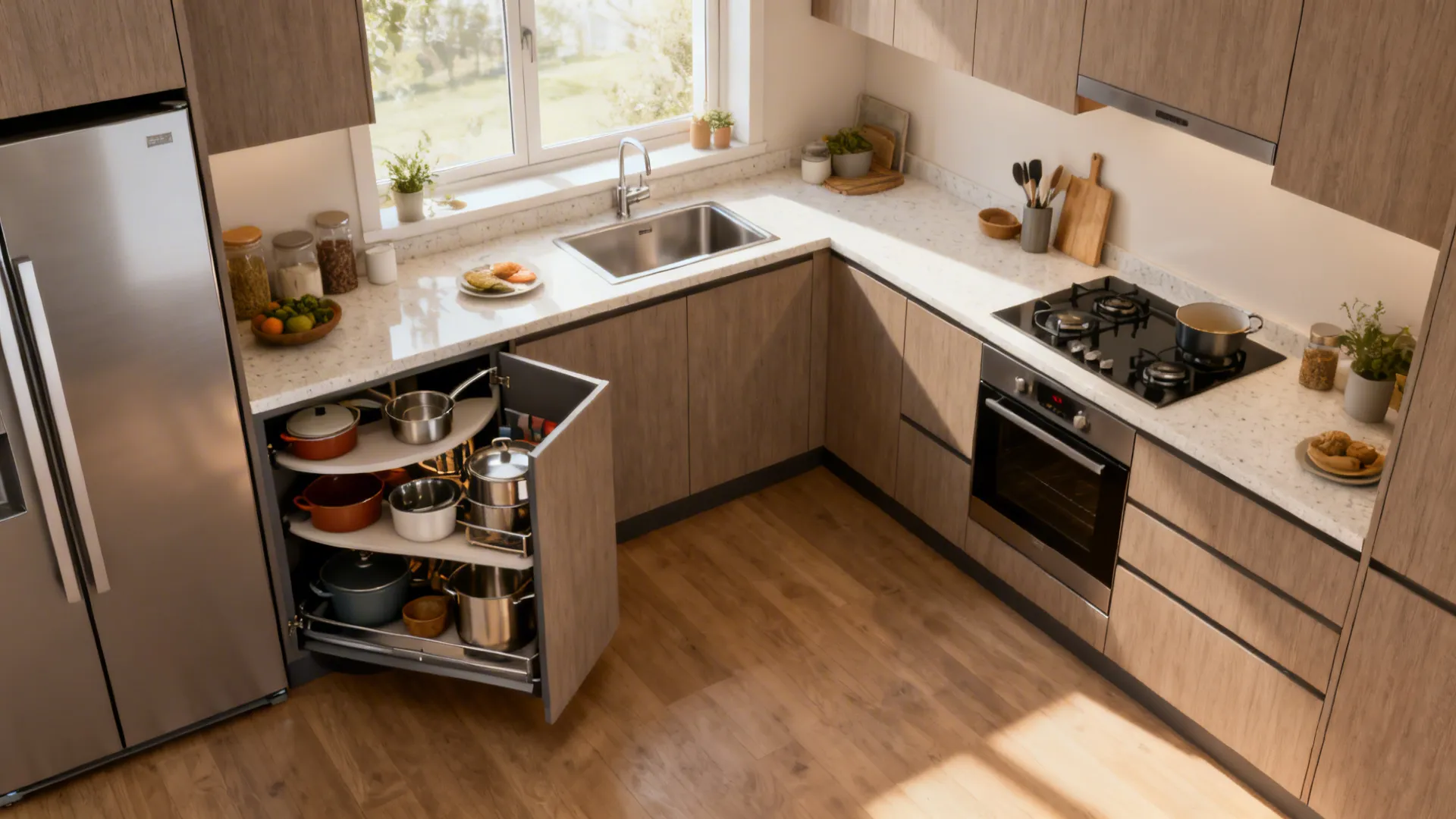 Compact L-shaped kitchen with clear prep zone and a corner carousel cabinet for easy access.
