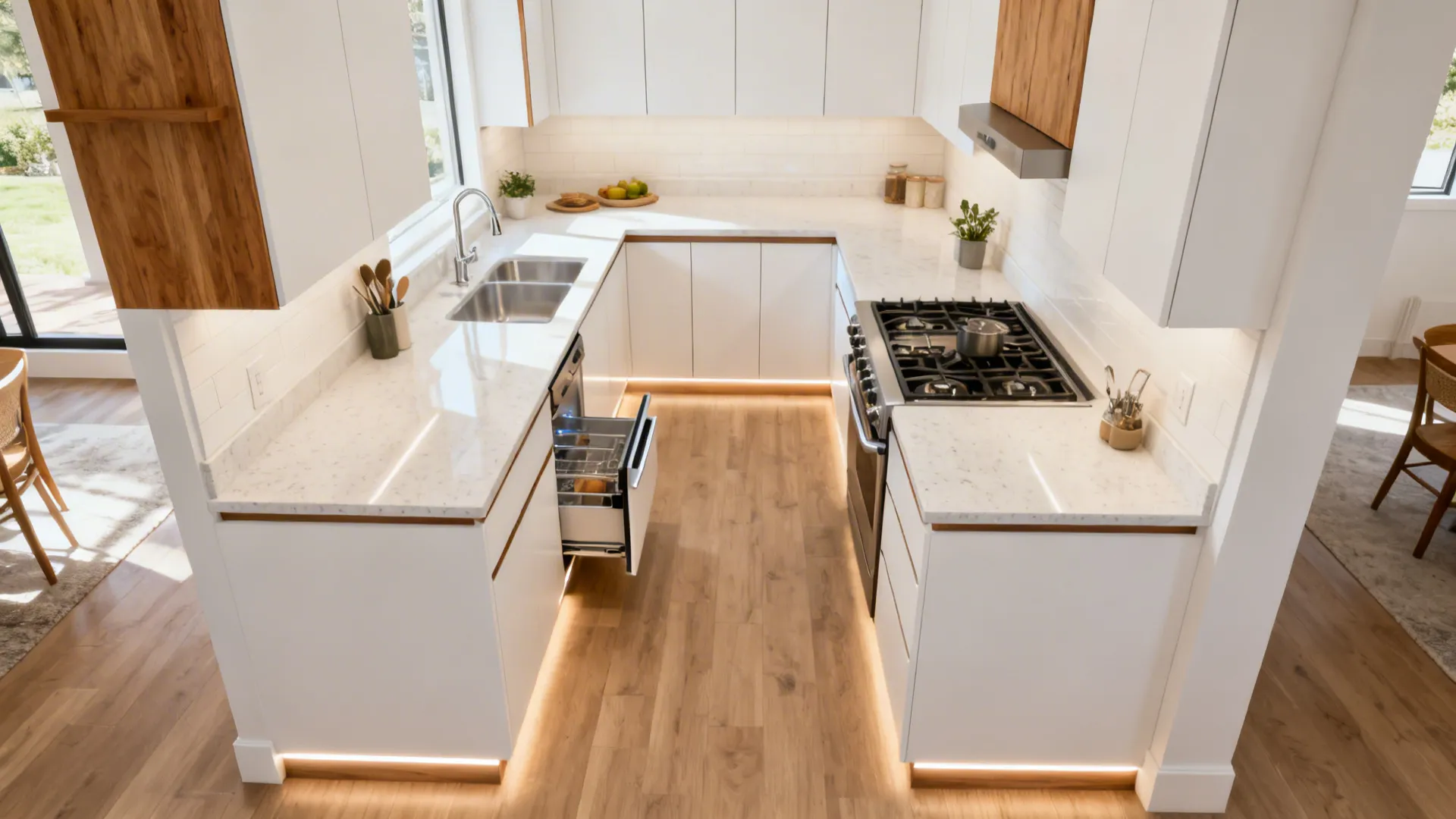 L-shaped 14x6 kitchen with a long prep run and range on the short leg.
