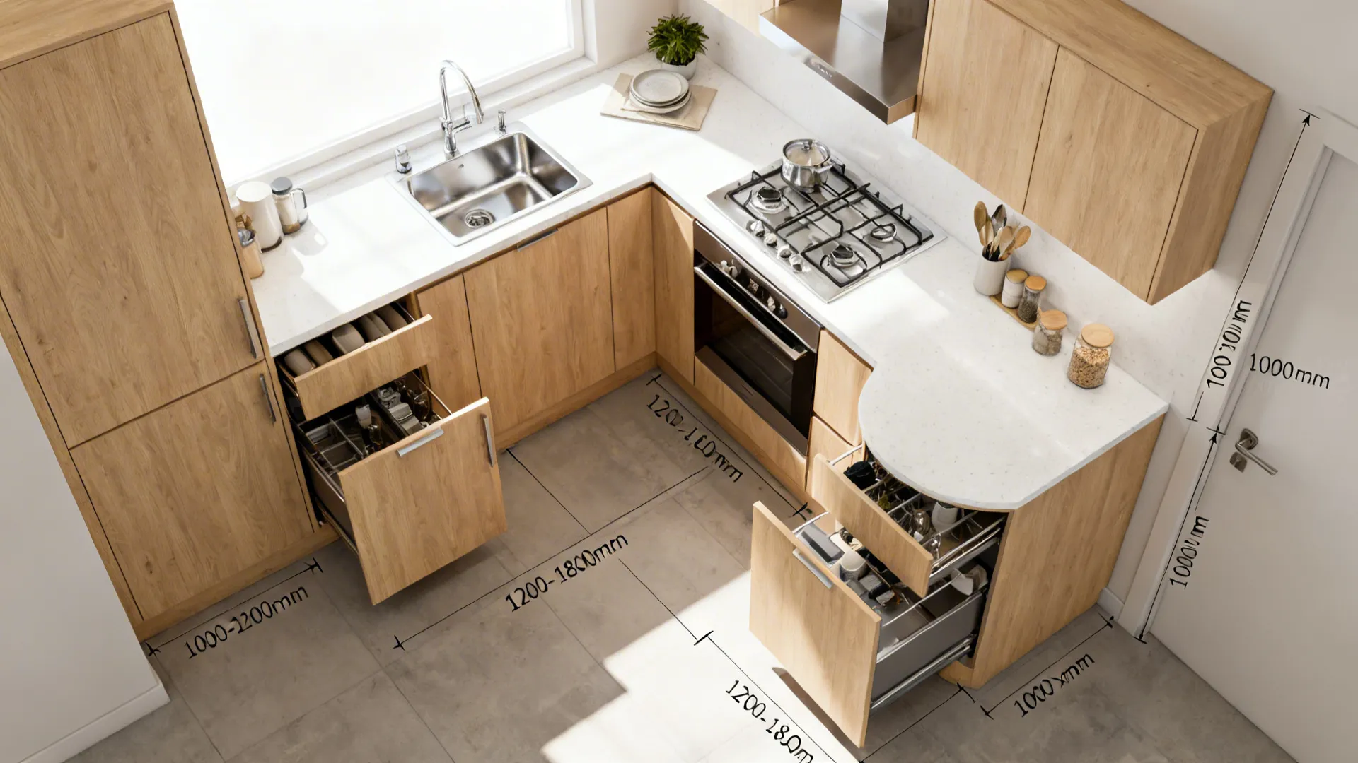 Top-down view of L-shaped kitchen with corner pull-out and generous aisle.