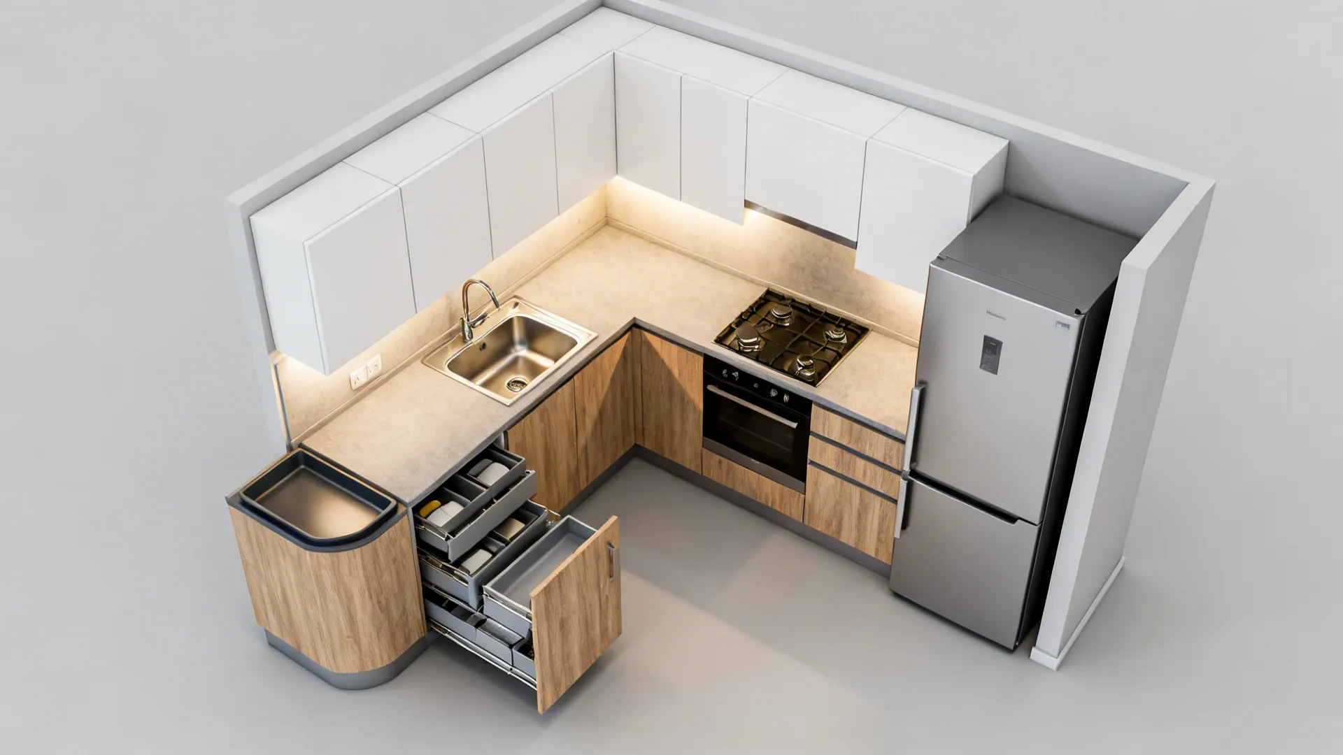 Top-down view of a compact L-shaped kitchen with a tight work triangle and corner carousel