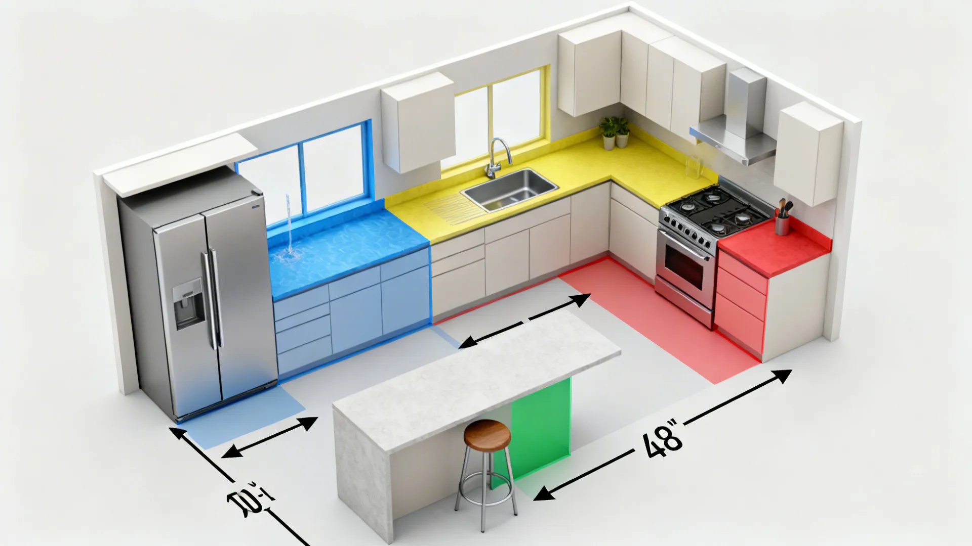 Top-down L-shaped kitchen plan with color-coded zones and arrows showing a safe workflow.
