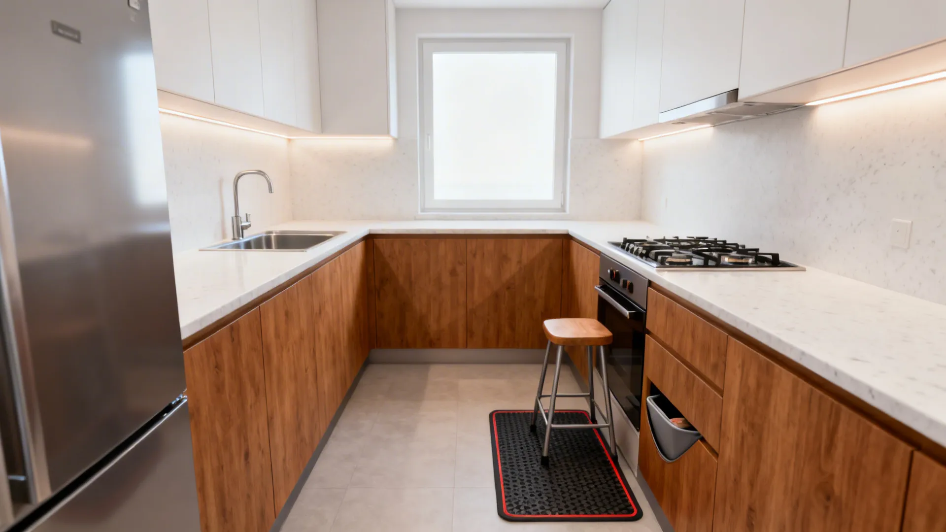 Compact L-shaped kitchen showing the fridge-sink-cooktop sequence with clear safety boundaries.