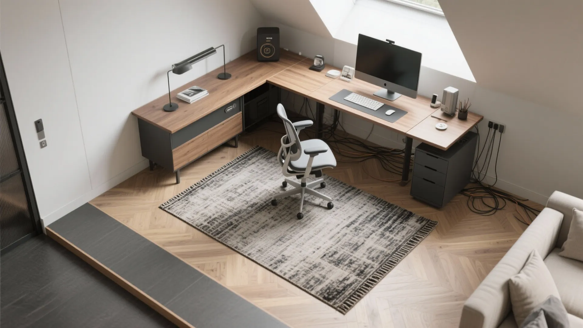 Zoned L-shape with contrasting flooring