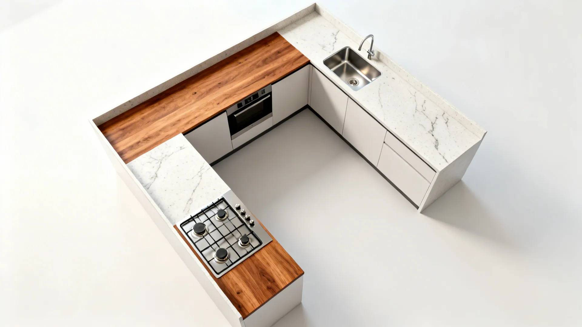 Top-down L-shaped kitchen plan highlighting southeast cook zone, east prep, and northeast sink.