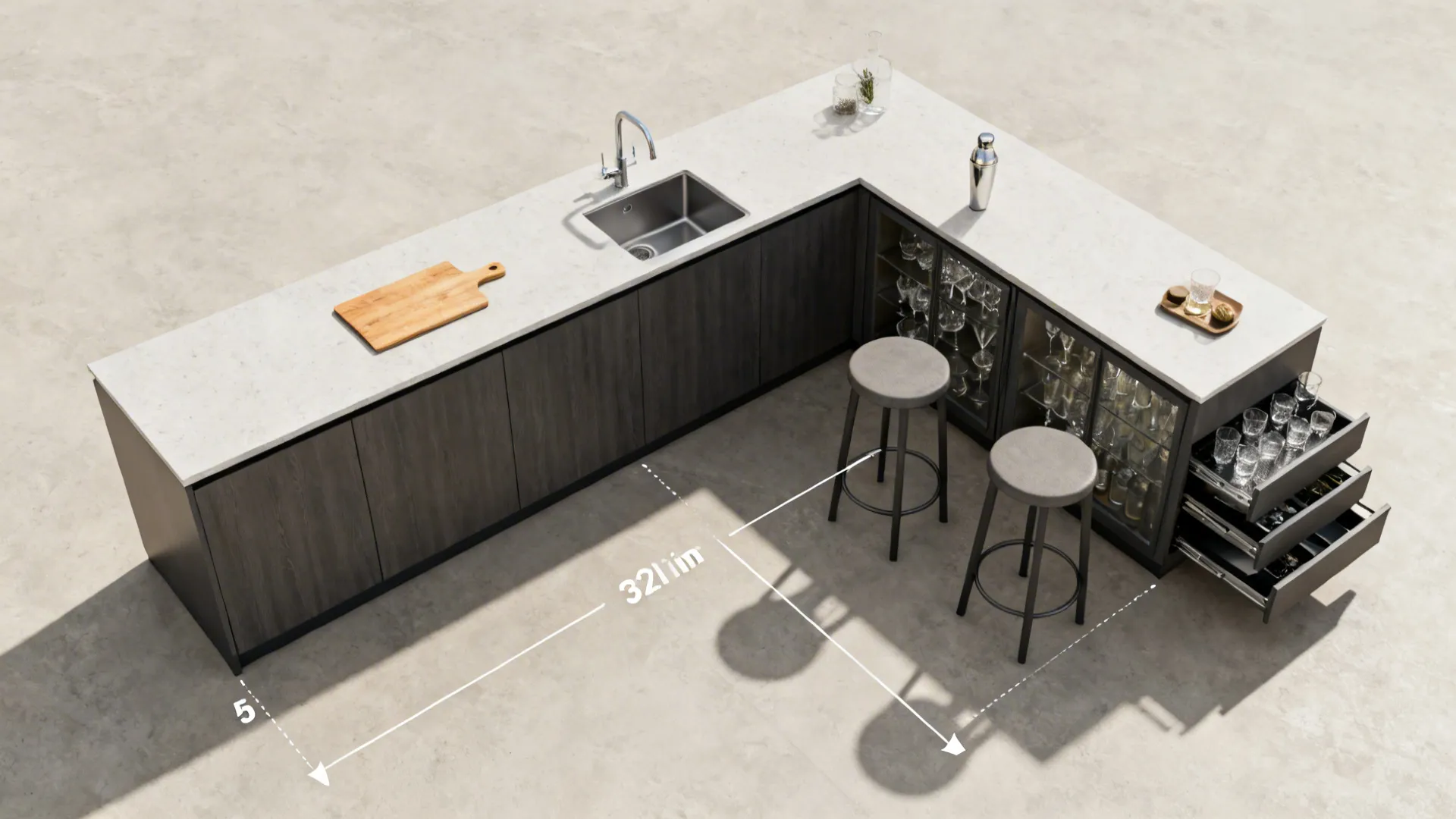 Top-down view of an L-shaped kitchen with distinct prep and bar zones and clear aisle space.