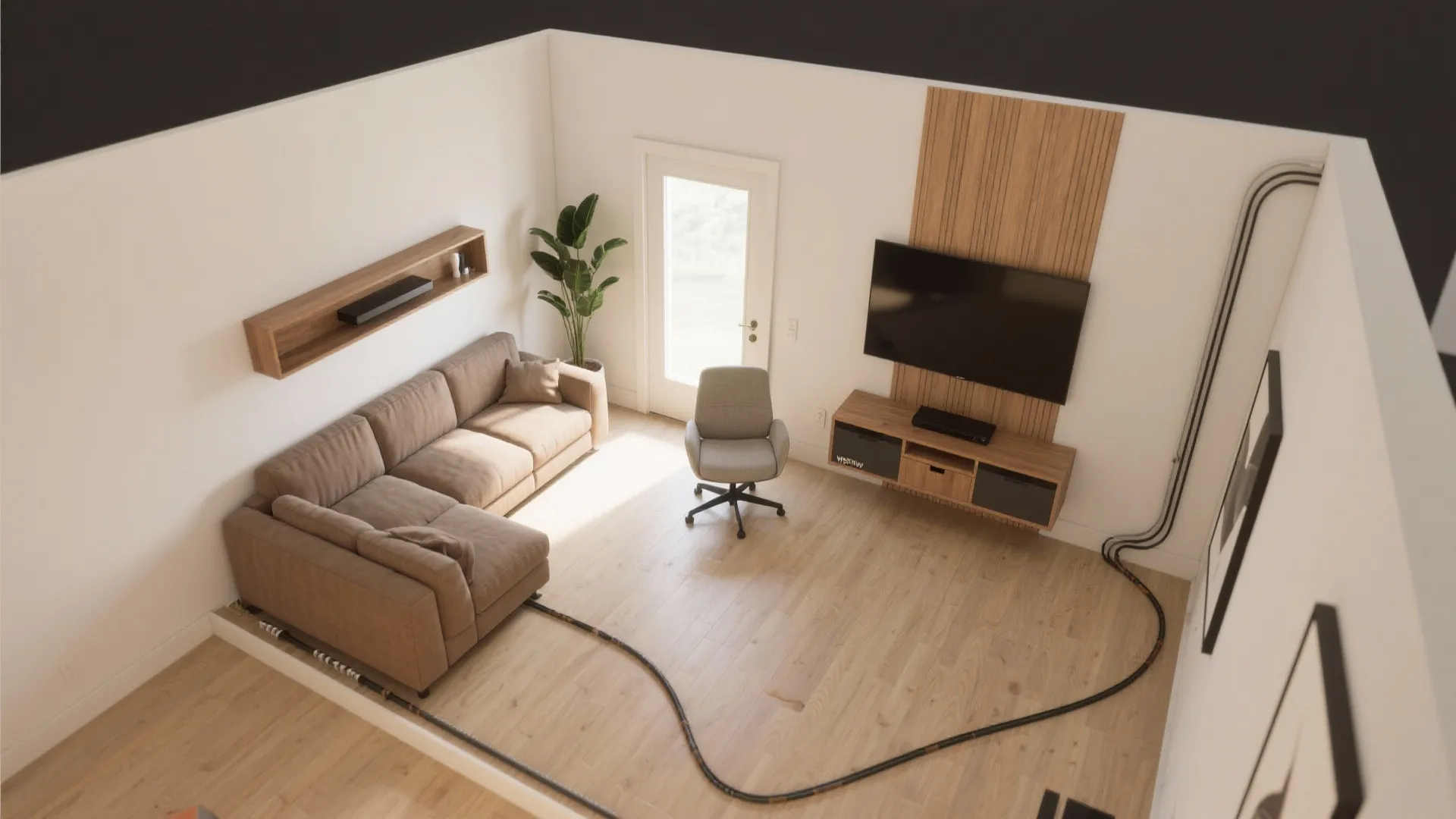 Interior design drawing showing living room layout with brown sofa, television, chair, and wood flooring