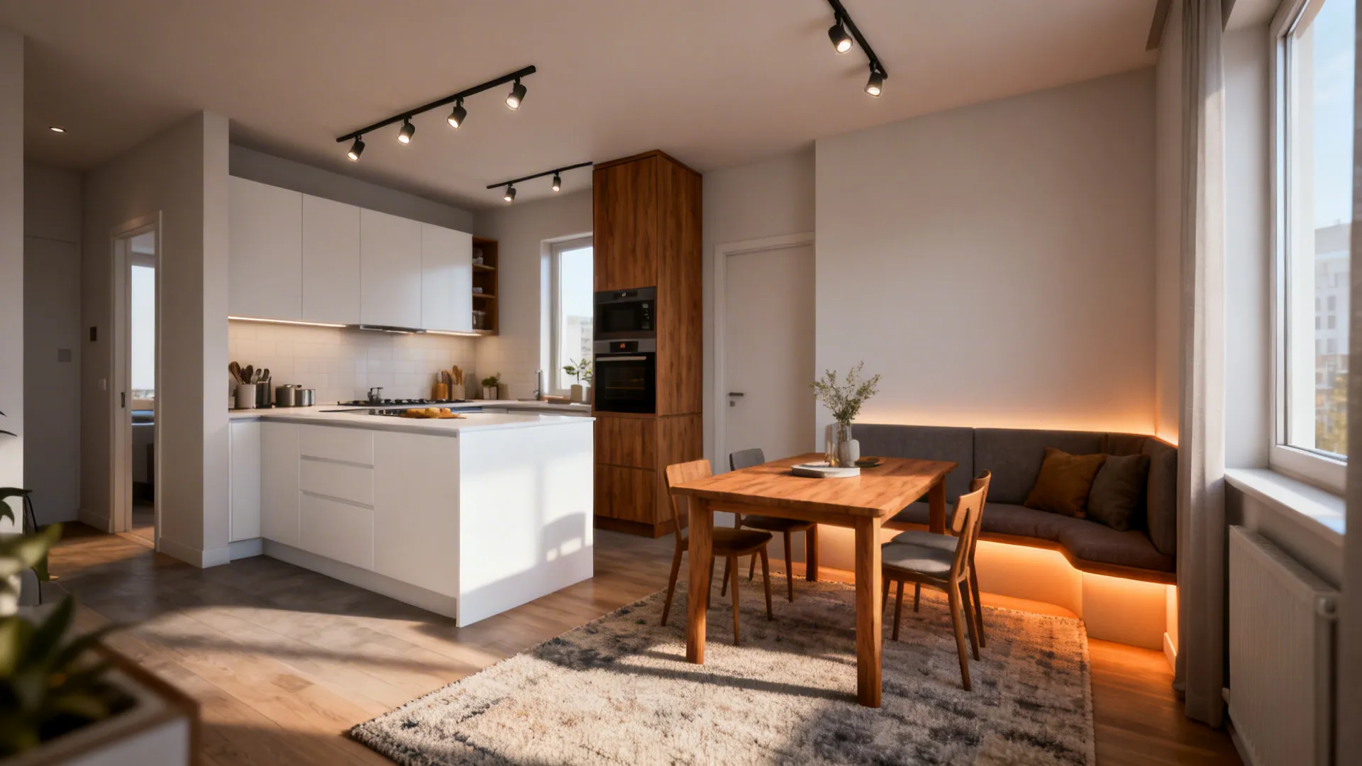L-shaped kitchen with matte white and oak fronts, a rug defining the lounge, and layered lighting creating distinct zones.